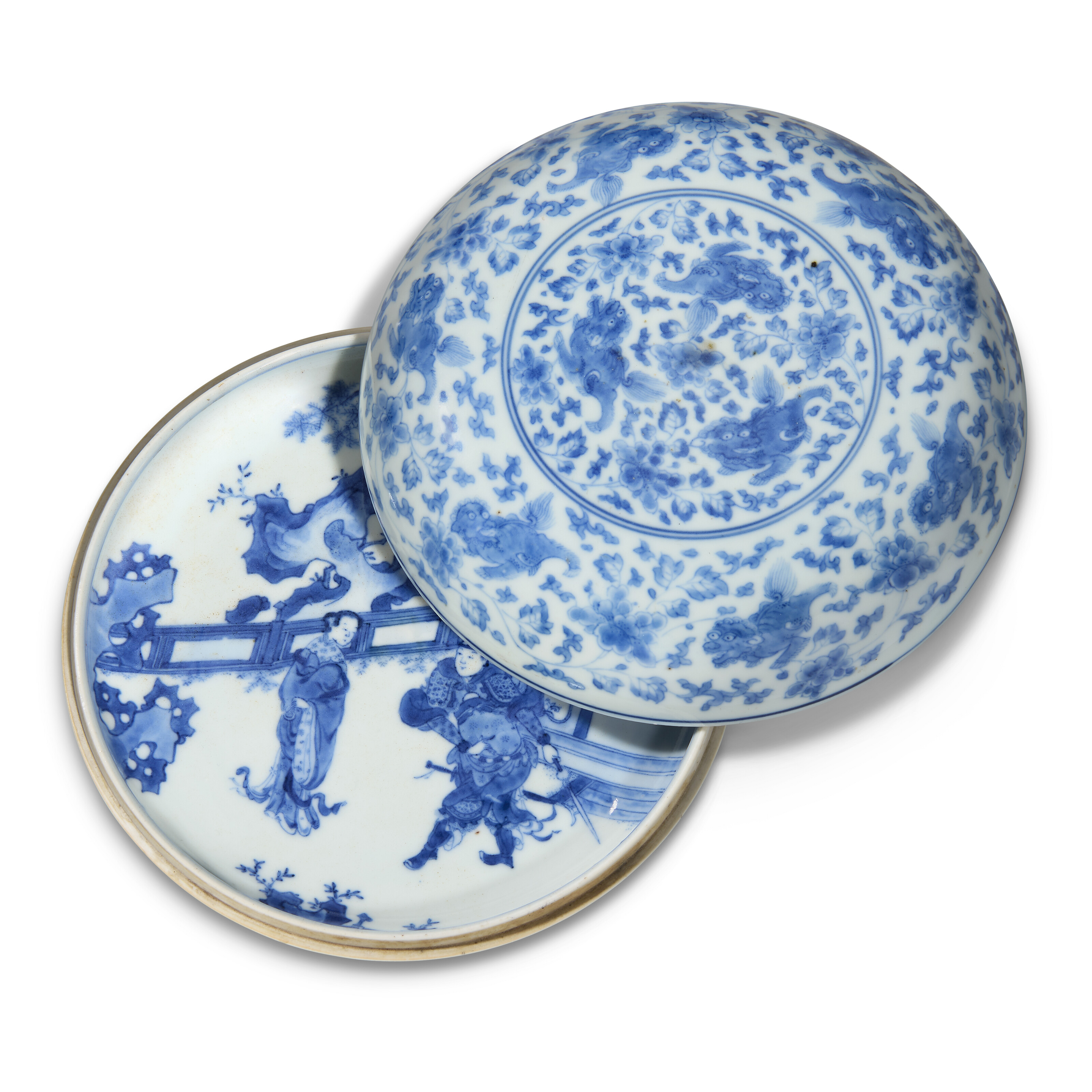 A BLUE AND WHITE ‘MING STYLE’ CIRCULAR INK BOX AND COVER, CHINA, QING ...