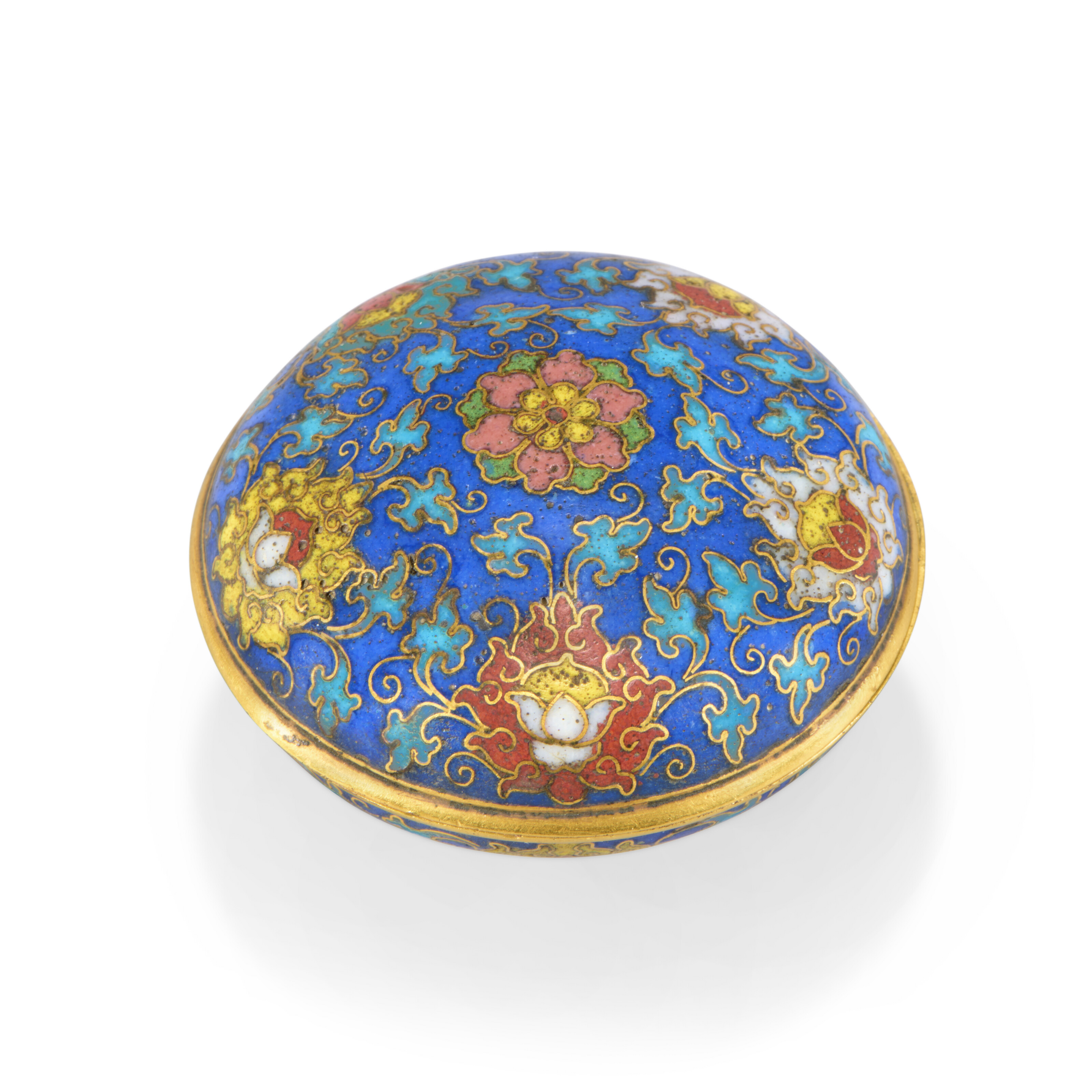 A cloisonne enamel circular incense box and cover. China, Qing dynasty, Qianlong four-character incised mark and of the period (1736-95), offered in Art of Asia Including the Palmer Family Collection - Online until 12 November 2025 at Christie's Online