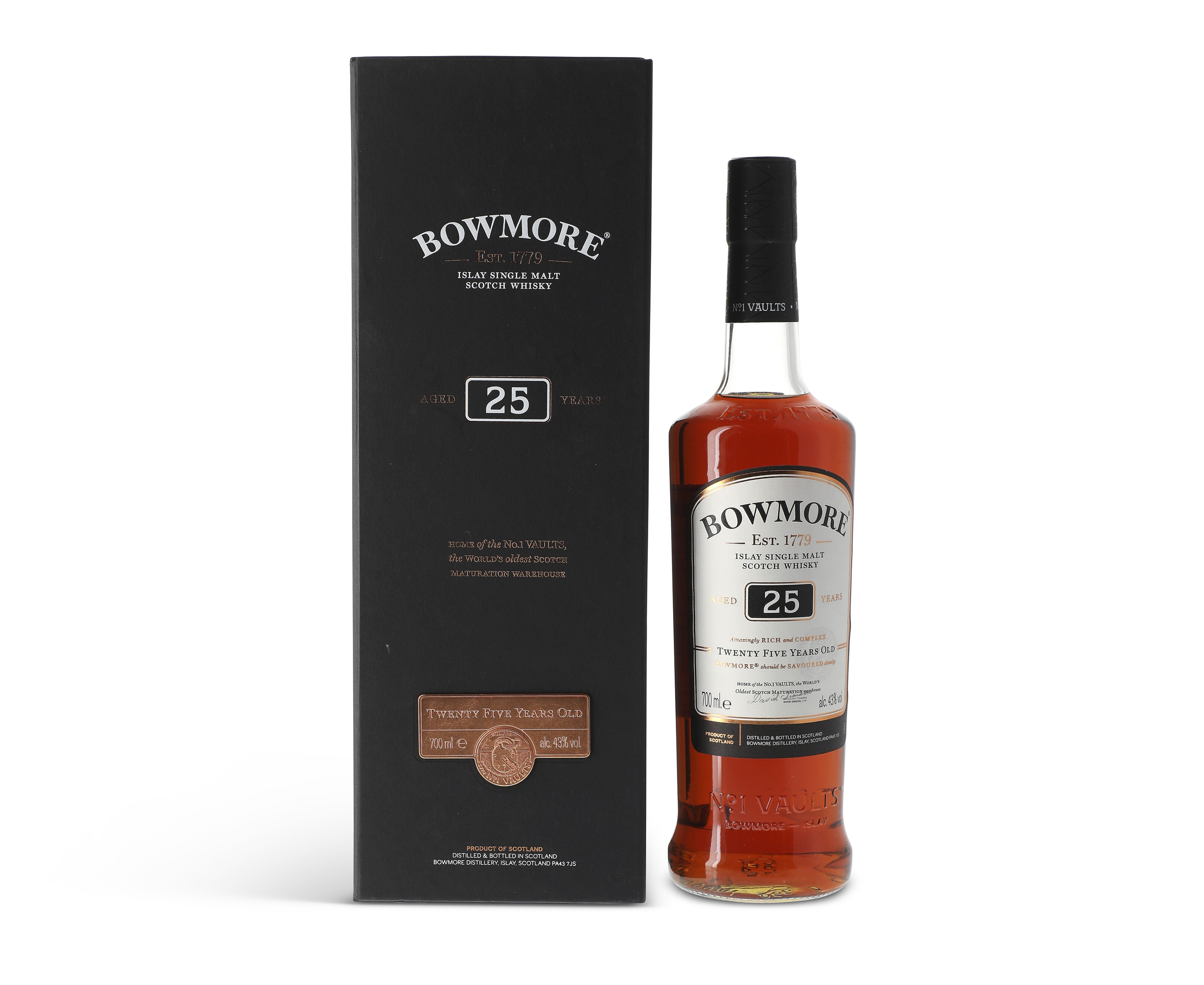 Bowmore 25 Year Old, Islay No 1 Vaults. In original presentation carton ...