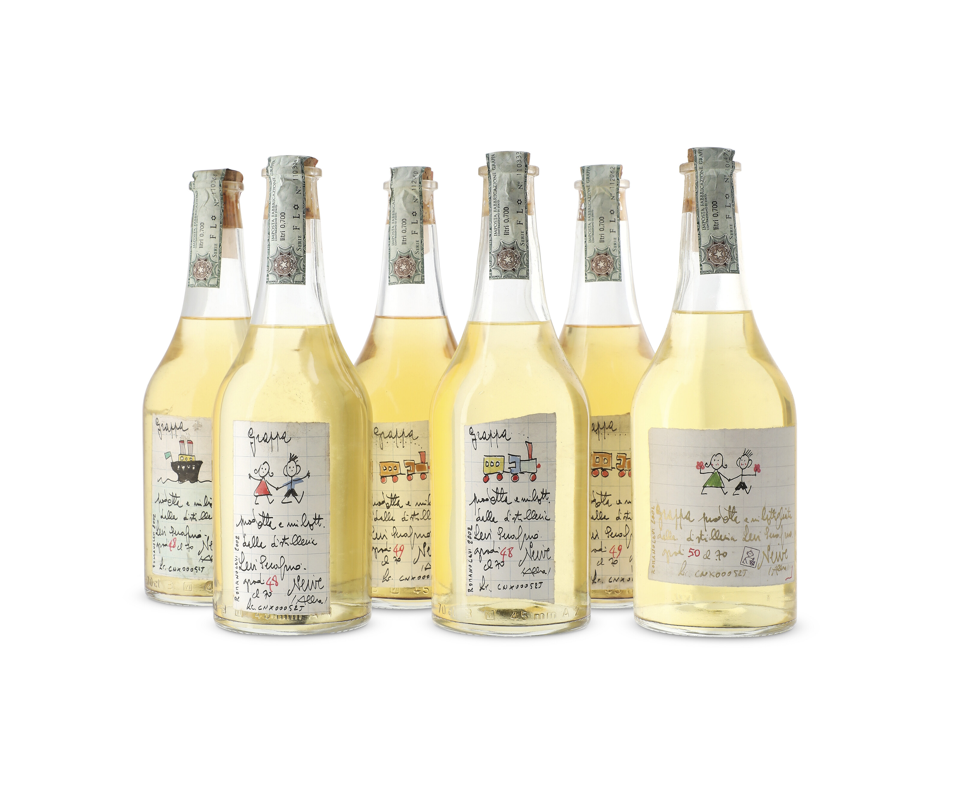 Romano Levi, Grappa 2002, Different label styles. Slightly bin-soiled ...