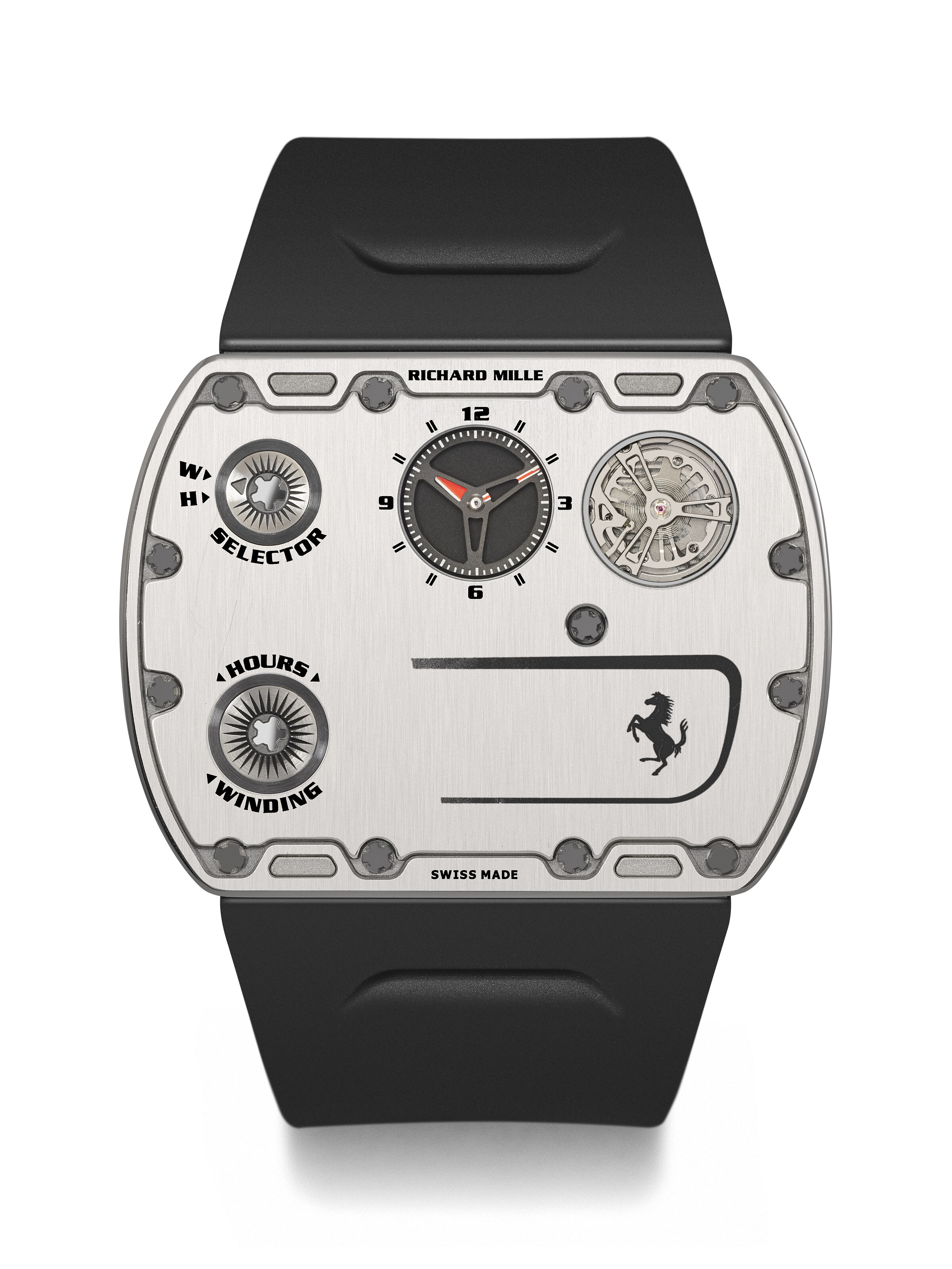 Richard Mille, in partnership with Ferrari. An ultra-flat titanium limited edition wristwatch with function selector and visible titanium balance. Ferrari Model, ref. RM UP-01 TI, no. 94/150, circa 2025, offered in Rare Watches, Featuring Stories in Time: A Collection of Exceptional Watches on 12 May 2025 at Christie's in Geneva
