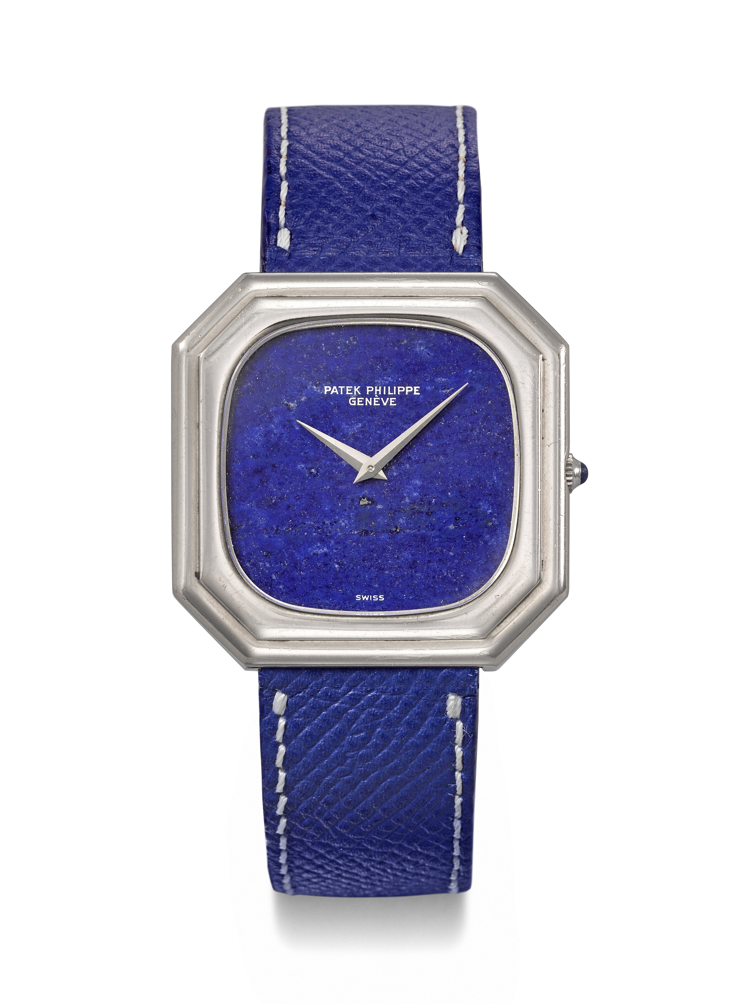 Patek Philippe. An 18k white gold octagonal wristwatch with lapis lazuli dial, circa 1975. Golden Ellipse Jumbo model, ref. 3631, movement no. 1'361'996, case no. 2'757'599. Sold for CHF 23,940 on 12 May 2025 at Christie's in Geneva
