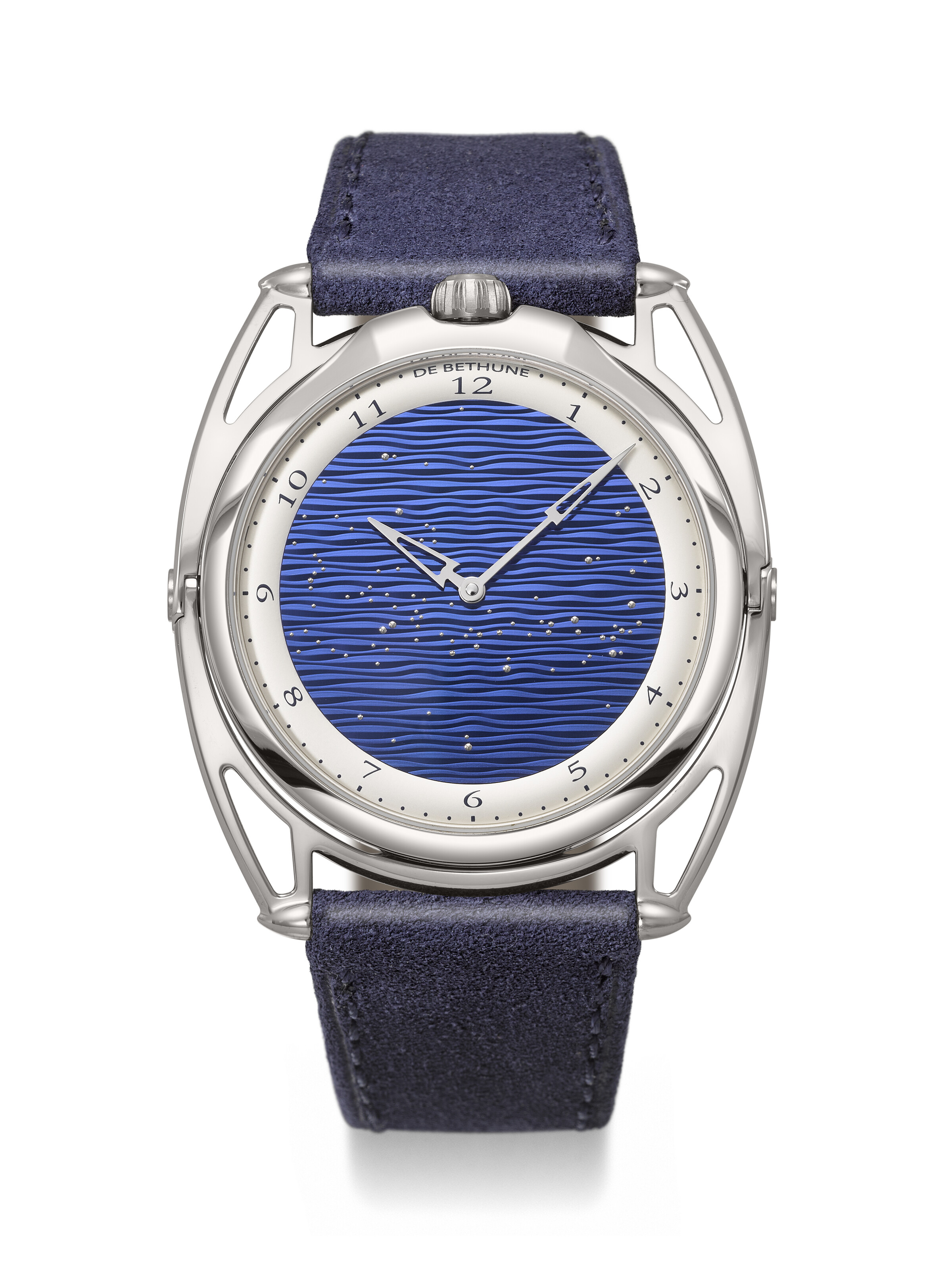 De Bethune. A titanium wristwatch with random guilloche blue starry dial and floating lugs. Starry Seas model, ref. DB28XSTIS3, no. 019, circa 2023, offered in Rare Watches, Featuring Stories in Time: A Collection of Exceptional Watches on 12 May 2025 at Christie's in Geneva
