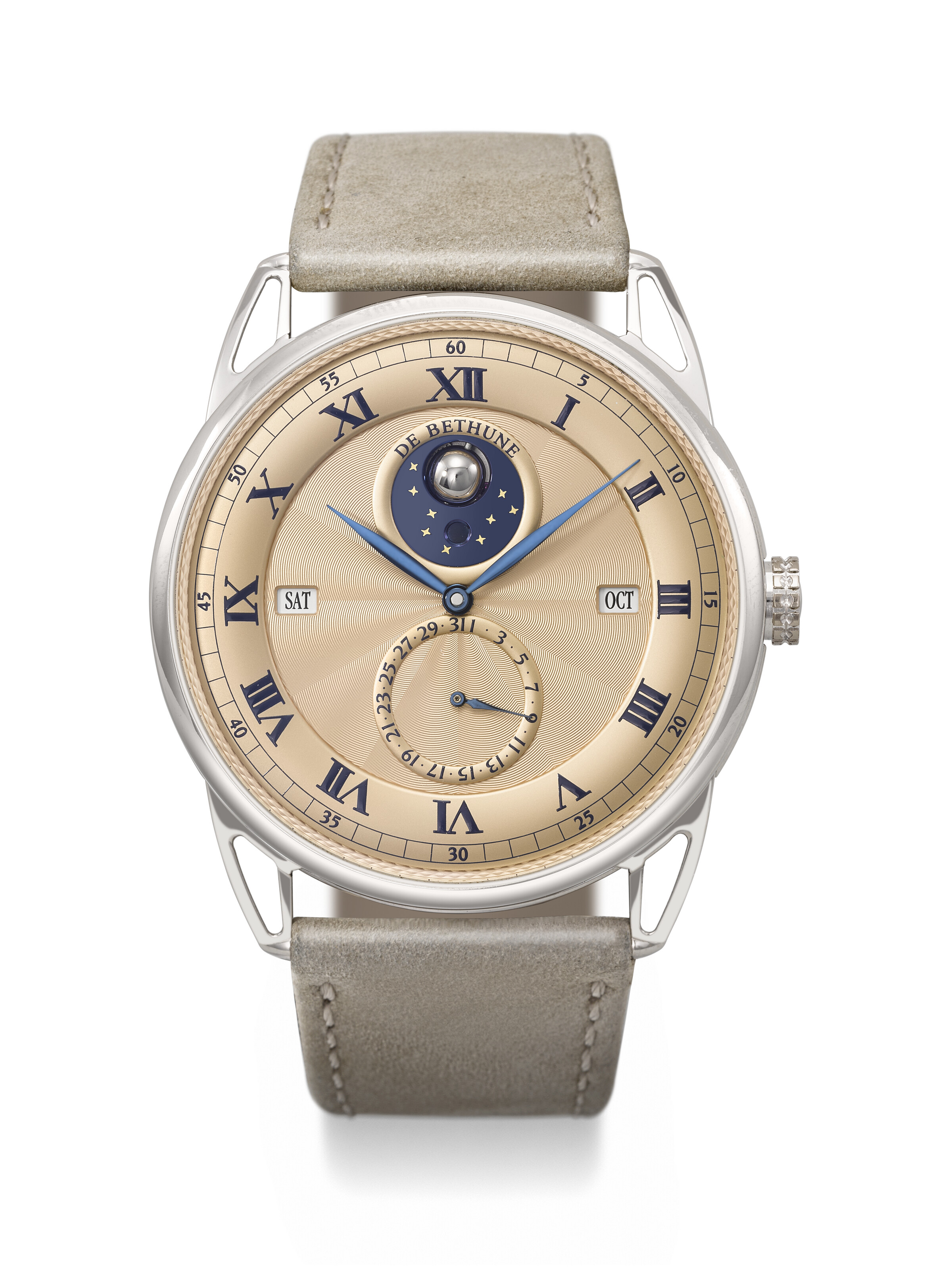 De Bethune. A platinum automatic perpetual calendar wristwatch with three-dimensional spherical moon phases and leap year indication. DB25 perpetual calendar model, ref. DB25QPAPS2, no. 11, circa 2019, offered in Rare Watches, Featuring Stories in Time: A Collection of Exceptional Watches on 12 May 2025 at Christie's in Geneva
