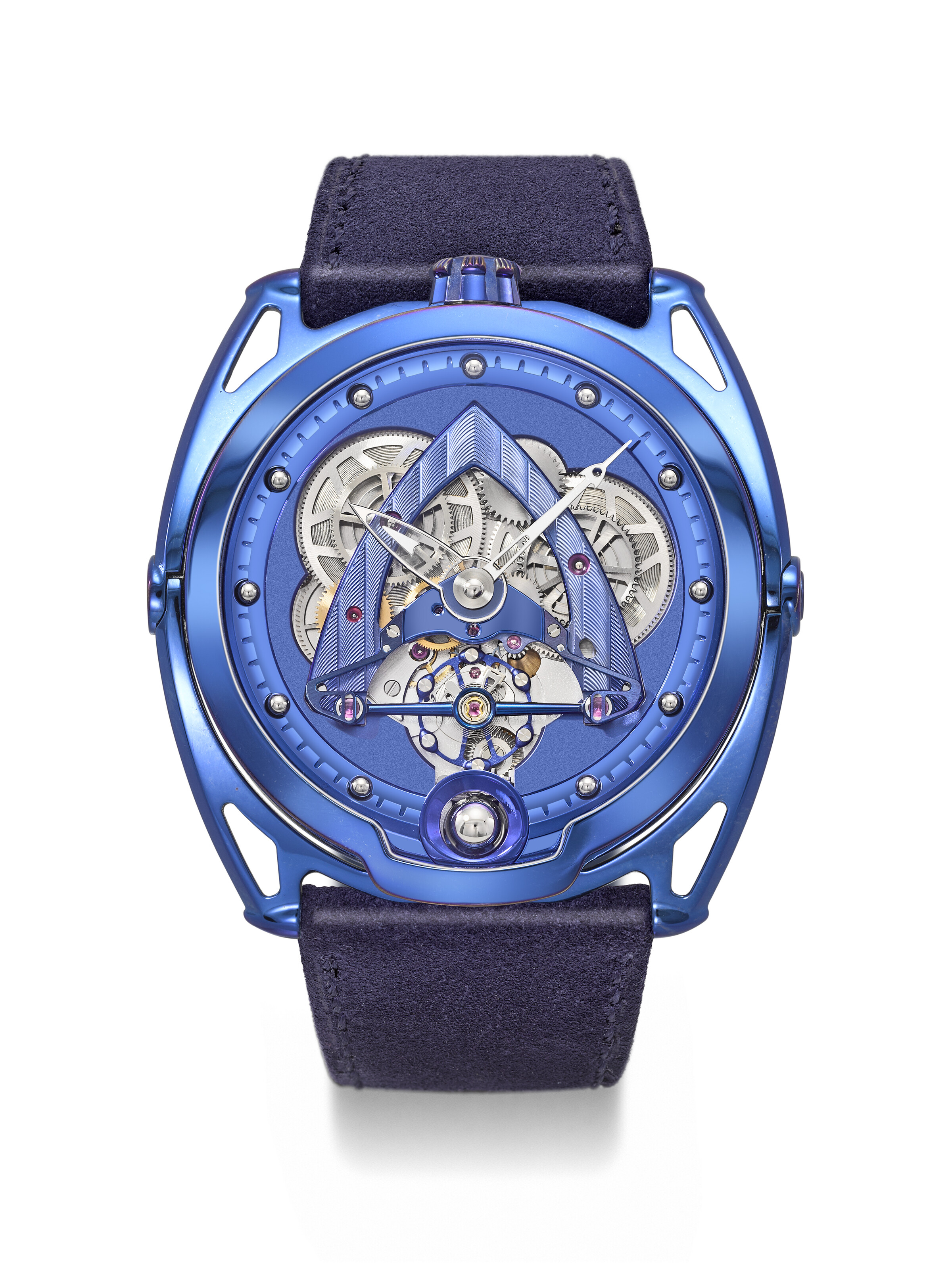De Bethune. A mirror-polished blued titanium limited edition lightweight wristwatch with three-dimensional spherical moon phase, power reserve and floating lugs, made to commemorate the 40th anniversary of The Hour Glass. DB28 steel wheels blue, ref. DB28SWBS, no. 004, circa 2019, offered in Rare Watches, Featuring Stories in Time: A Collection of Exceptional Watches on 12 May 2025 at Christie's in Geneva