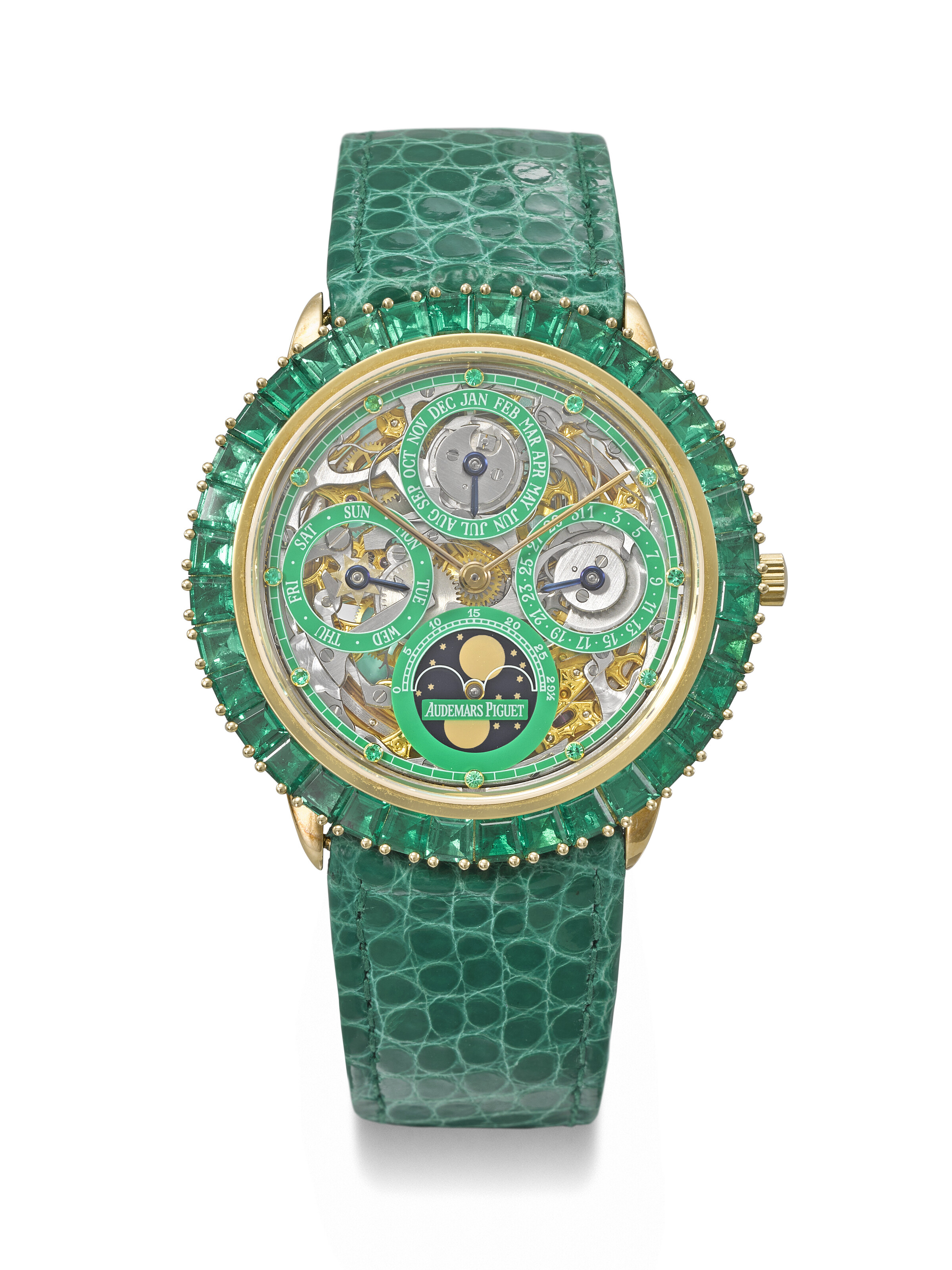 Audemars Piguet. An 18k gold and baguette-cut emerald-set skeletonized automatic perpetual calendar wristwatch with moon phases, circa 1995. Quantieme Perpetuel model, ref. 25786BA, case no. D68038, no. 1/1. Sold for CHF 592,200 on 12 May 2025 at Christie's in Geneva