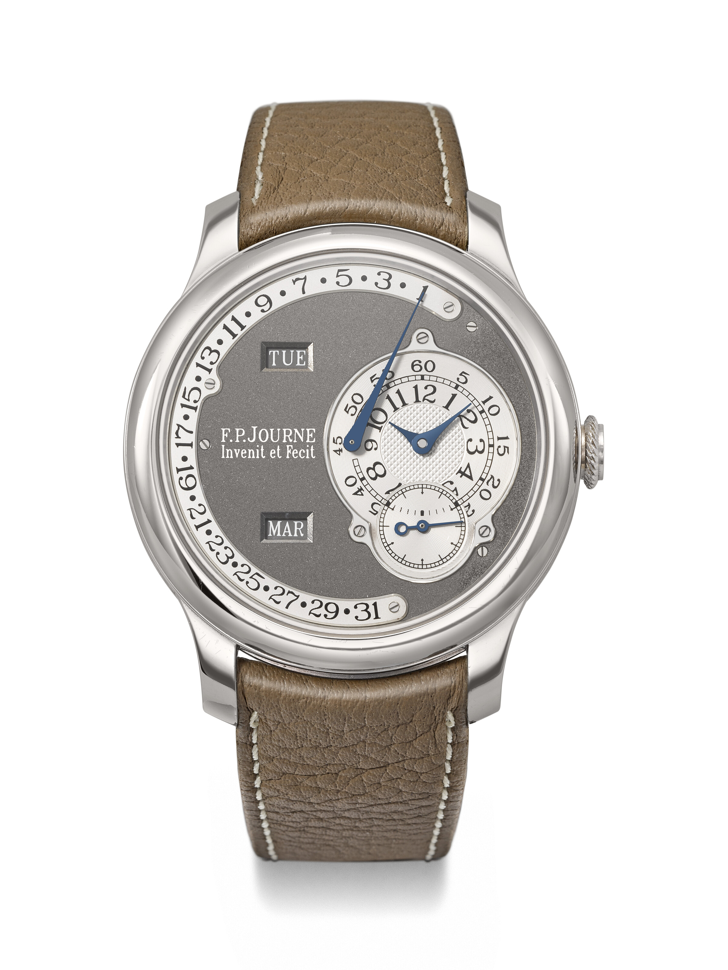 F.P. Journe. A limited-edition automatic annual calendar wristwatch with retrograde date. Octa Calendrier ruthenium model, no. 5/99-04Q, circa 2004, offered in Rare Watches, Featuring Stories in Time: A Collection of Exceptional Watches on 12 May 2025 at Christie's in Geneva