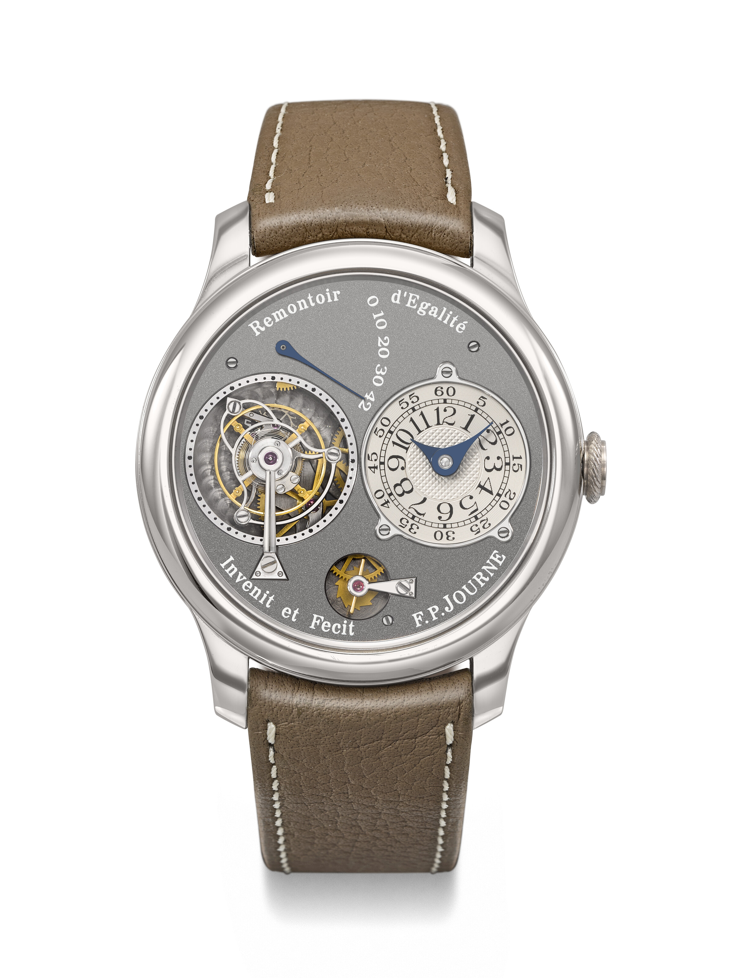 F.P. Journe. A platinum limited-edition tourbillon wristwatch with remontoire d'egalite and power reserve indication. Tourbillon Souverain Remontoire d'Egalite Ruthenium Model, no. 5/99-01T, circa 2004, offered in Rare Watches, Featuring Stories in Time: A Collection of Exceptional Watches on 12 May 2025 at Christie's in Geneva