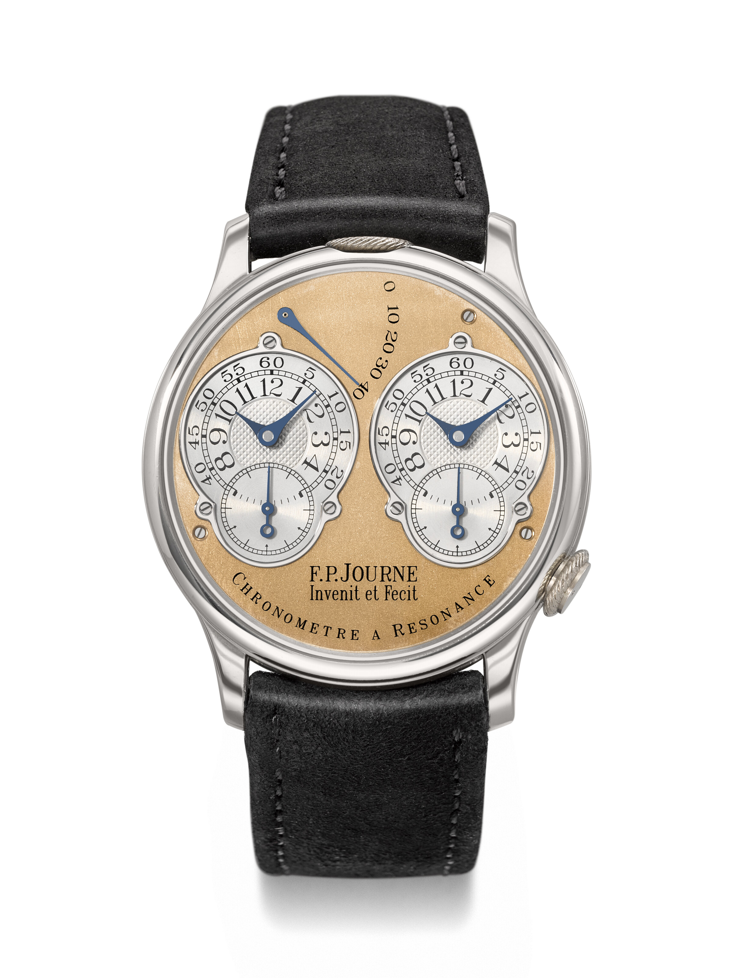 F.P. Journe. A platinum wristwatch with resonance-controlled twin independent gear-train brass movement, power reserve and pink gold dial. Chronometre a Resonance Pre-Souscription model, case no. 041/00R, circa 2000, offered in Rare Watches, Featuring Stories in Time: A Collection of Exceptional Watches on 12 May 2025 at Christie's in Geneva