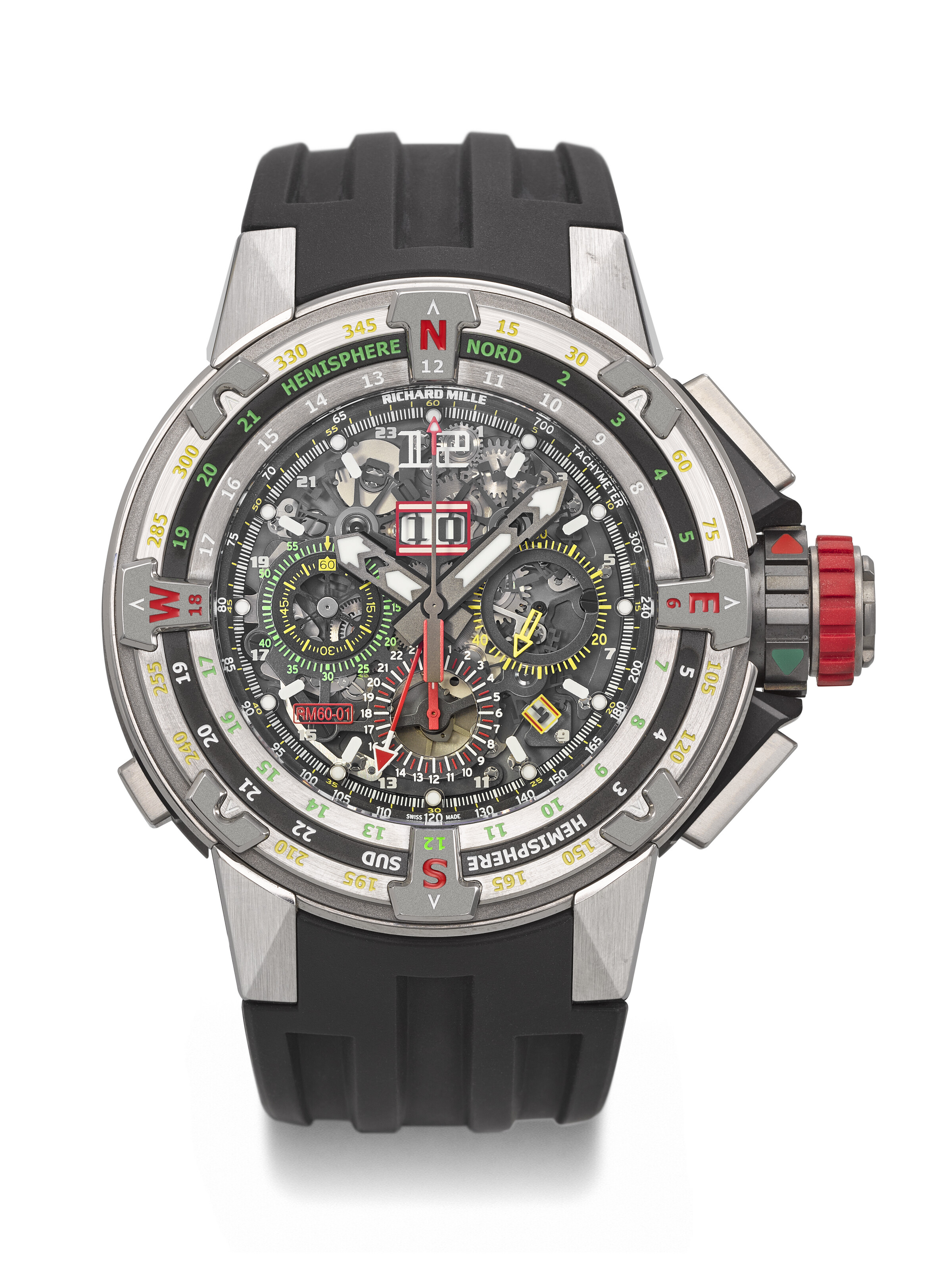 Richard mille. A titanium annual calendar dual time flyback chronograph wristwatch with outsized date and countdown regatta timer. Ref. RM 60-01 TI, no. 265, circa 2023, offered in Rare Watches, Featuring Stories in Time: A Collection of Exceptional Watches on 12 May 2025 at Christie's in Geneva