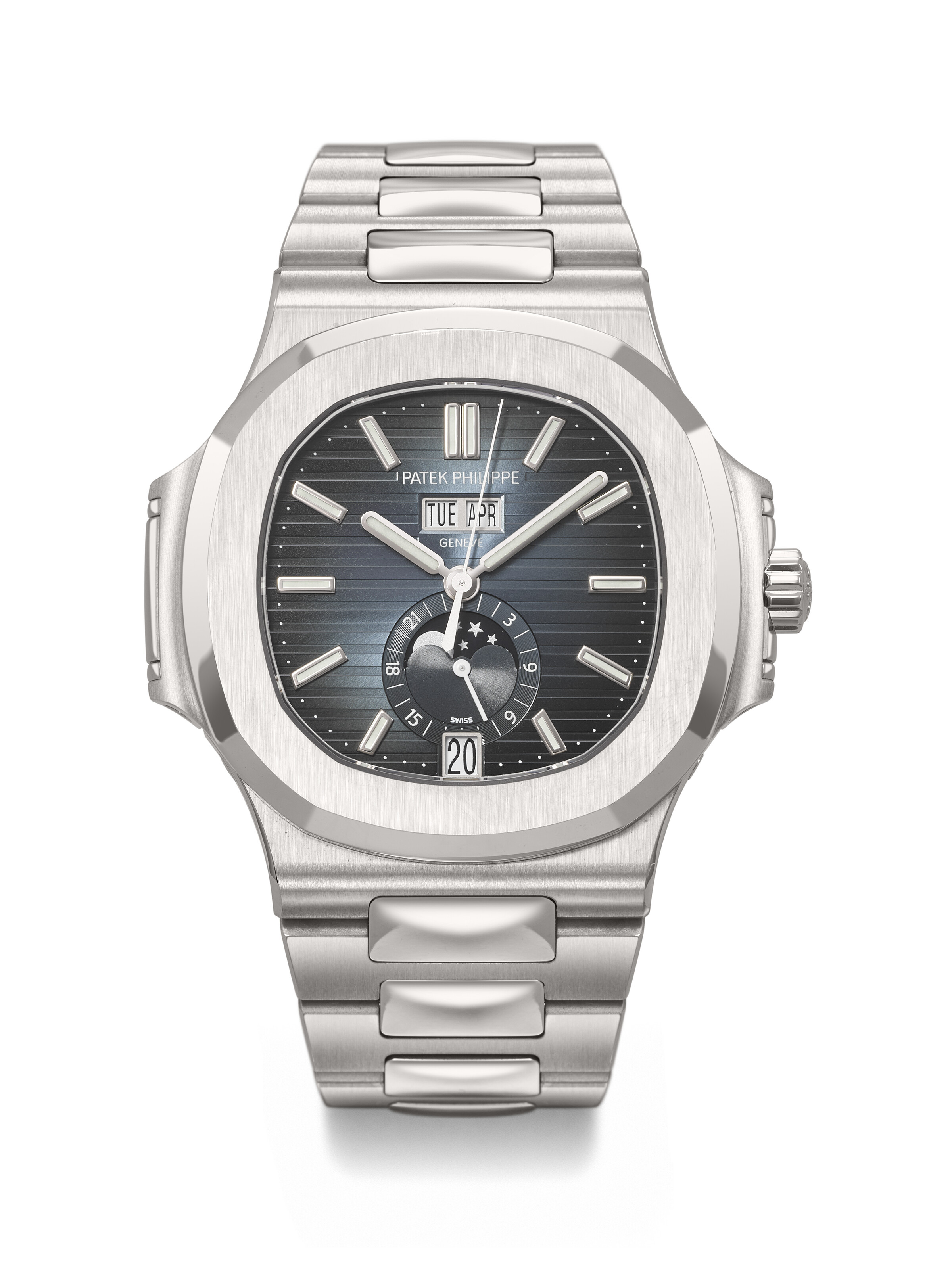 Patek philippe. A stainless steel automatic annual calendar wristwatch with sweep centre seconds, moon phases, 24-hour indication and bracelet. Nautilus model, ref. 5726/1a-014, movement no. 7'371'495, case no. 6'420'301, circa 2021, offered in Rare Watches, Featuring Stories in Time: A Collection of Exceptional Watches on 12 May 2025 at Christie's in Geneva