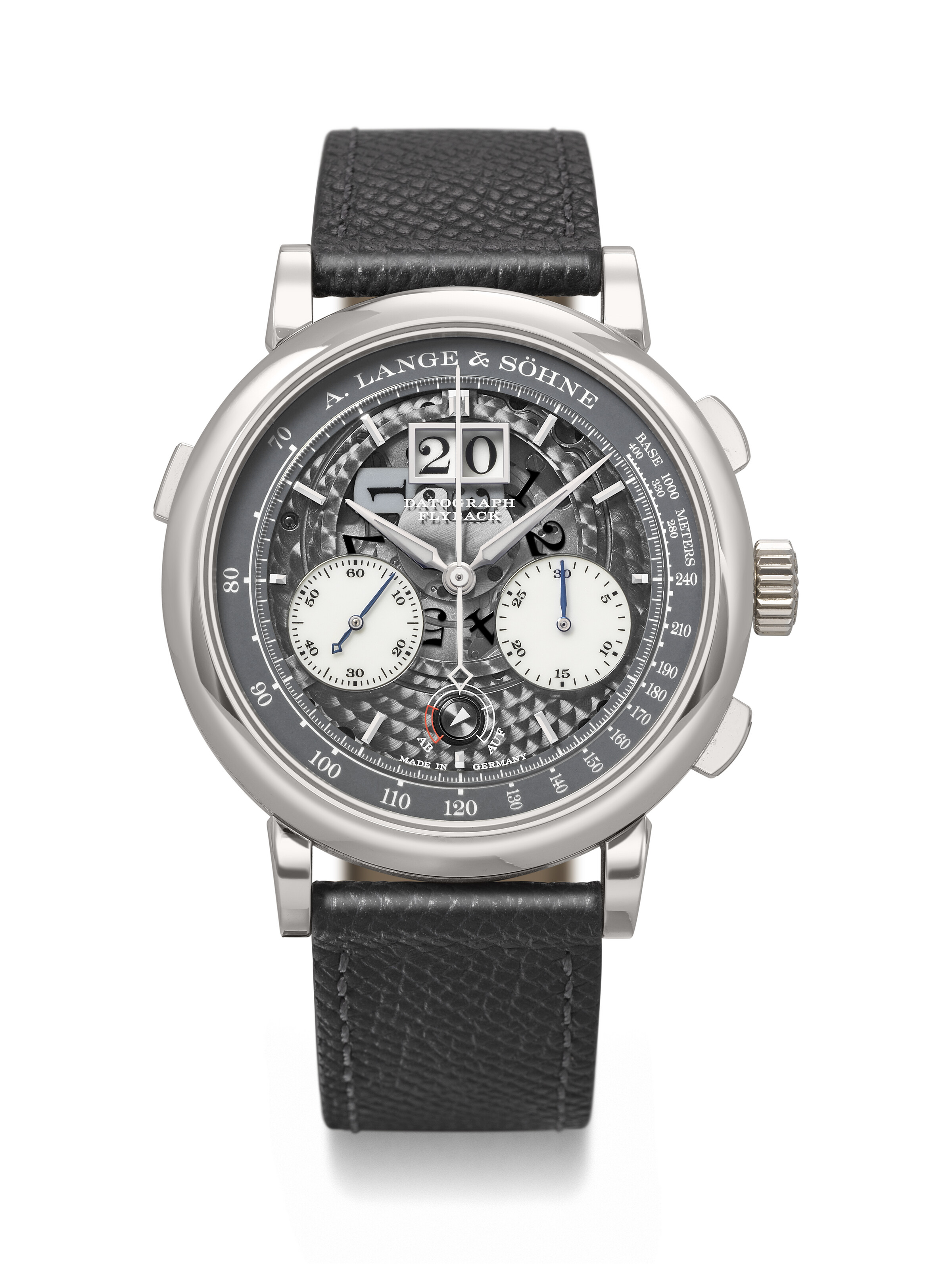 A. Lange and Sohne. A rare platinum limited-edition flyback chronograph wristwatch with oversized date and power-reserve indication, Datograph Up/Down Lumen model, circa 2019, sold for CHF 151,200 on 12 May 2025 at Christie's in Geneva