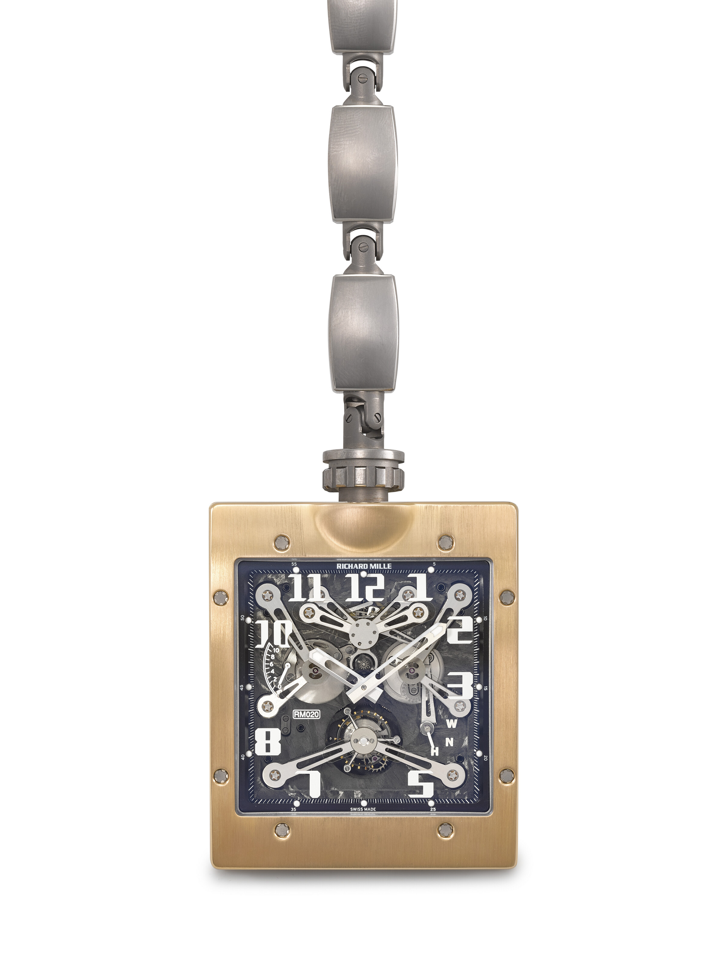 Richard Mille. An 18k pink gold and titanium semi-skeletonized tourbillon pocket watch with 10-day power reserve indication. Ref. RM020 AI RG, no. 51, circa 2021, offered in Rare Watches, Featuring Stories in Time: A Collection of Exceptional Watches on 12 May 2025 at Christie's in Geneva