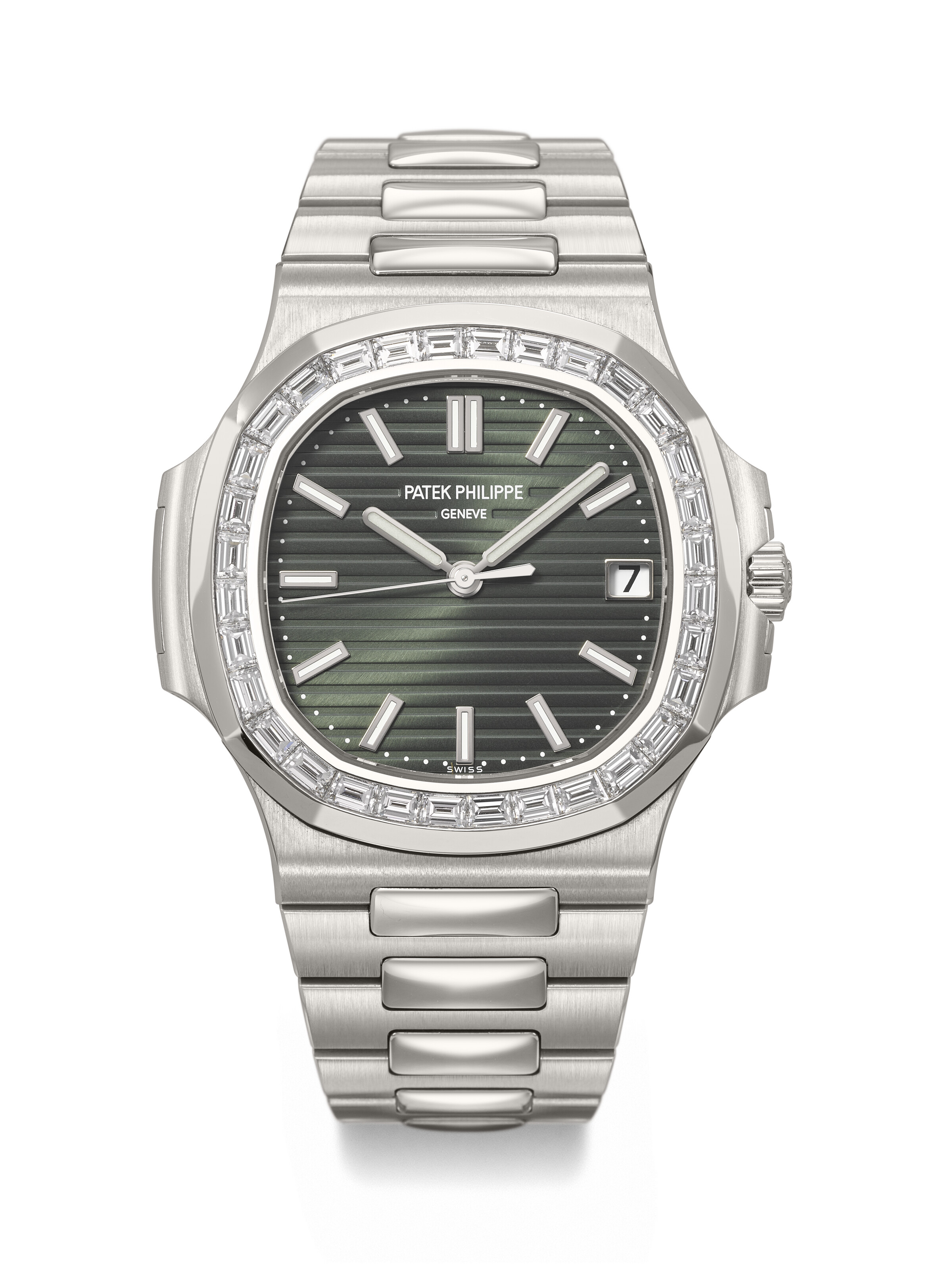Patek Philippe. A stainless steel and baguette-cut diamond-set automatic wristwatch with sweep centre seconds, date and bracelet. Nautilus model, ref. 5711/1300A-001, movement no. 7'434'679, case no. 6'481'184, circa 2021, offered in Rare Watches, Featuring Stories in Time: A Collection of Exceptional Watches on 12 May 2025 at Christie's in Geneva