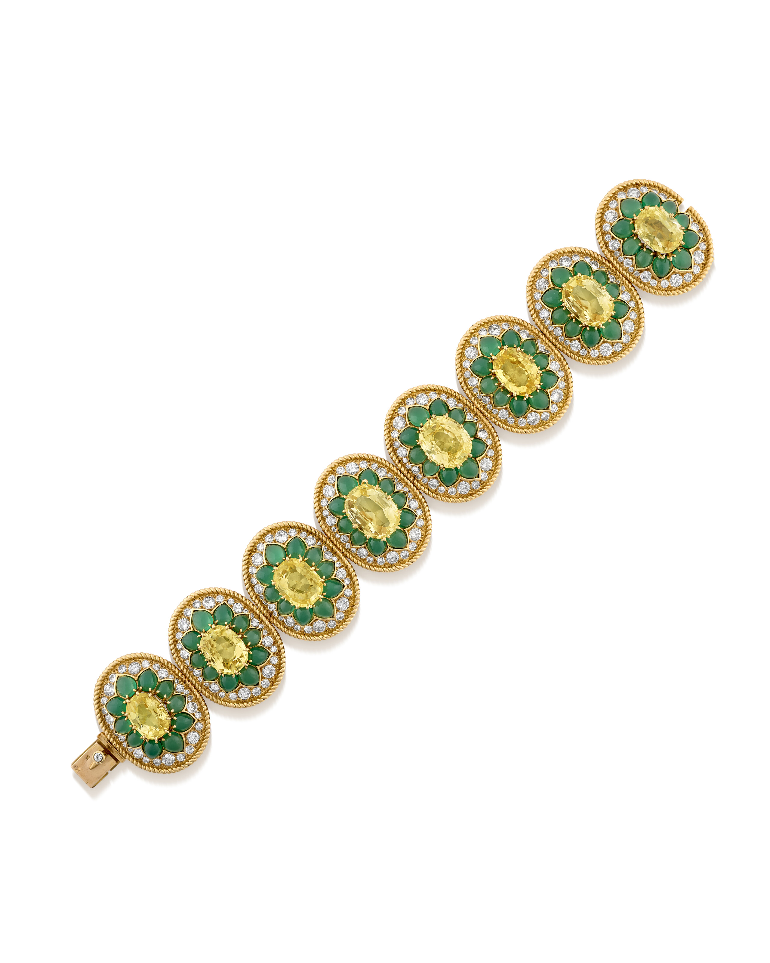 A Van Cleef and Arpels mid-20th-century coloured sapphire, chrysoprase and diamond bracelet, 1960s, offered in Magnificent Jewels on 11 November 2025 at Christie's in Geneva