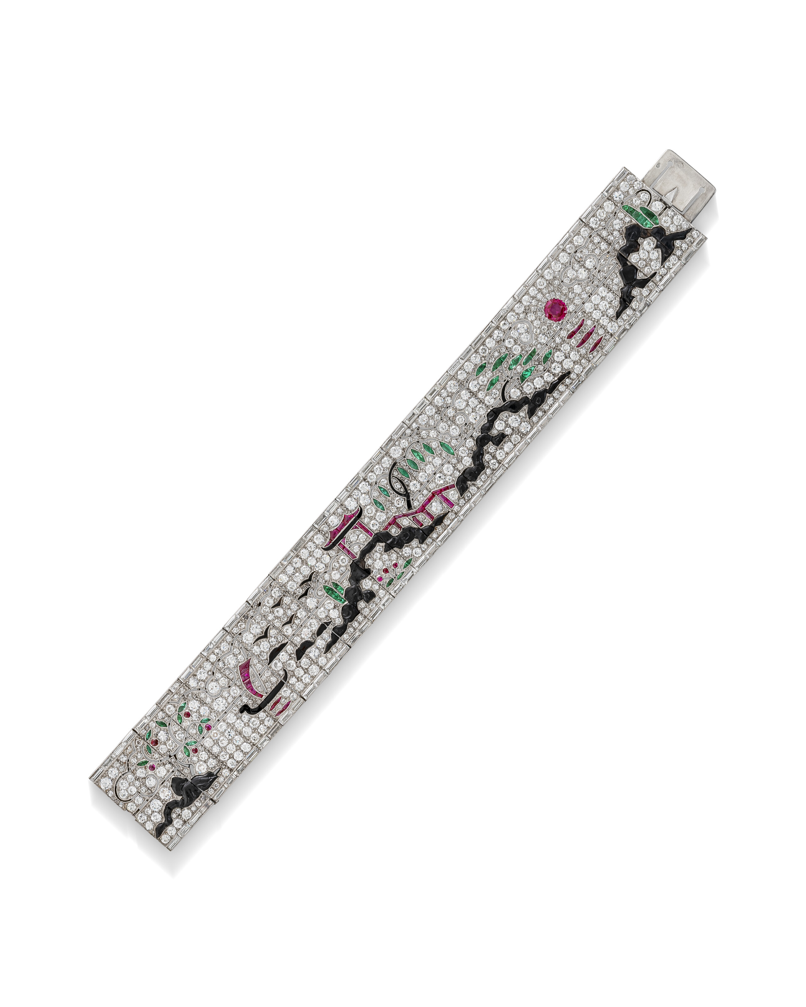 An exceptional Lacloche Freres Art Deco ruby, emerald, onyx and diamond bracelet, circa 1925, offered in Magnificent Jewels on 11 November 2025 at Christie's in Geneva