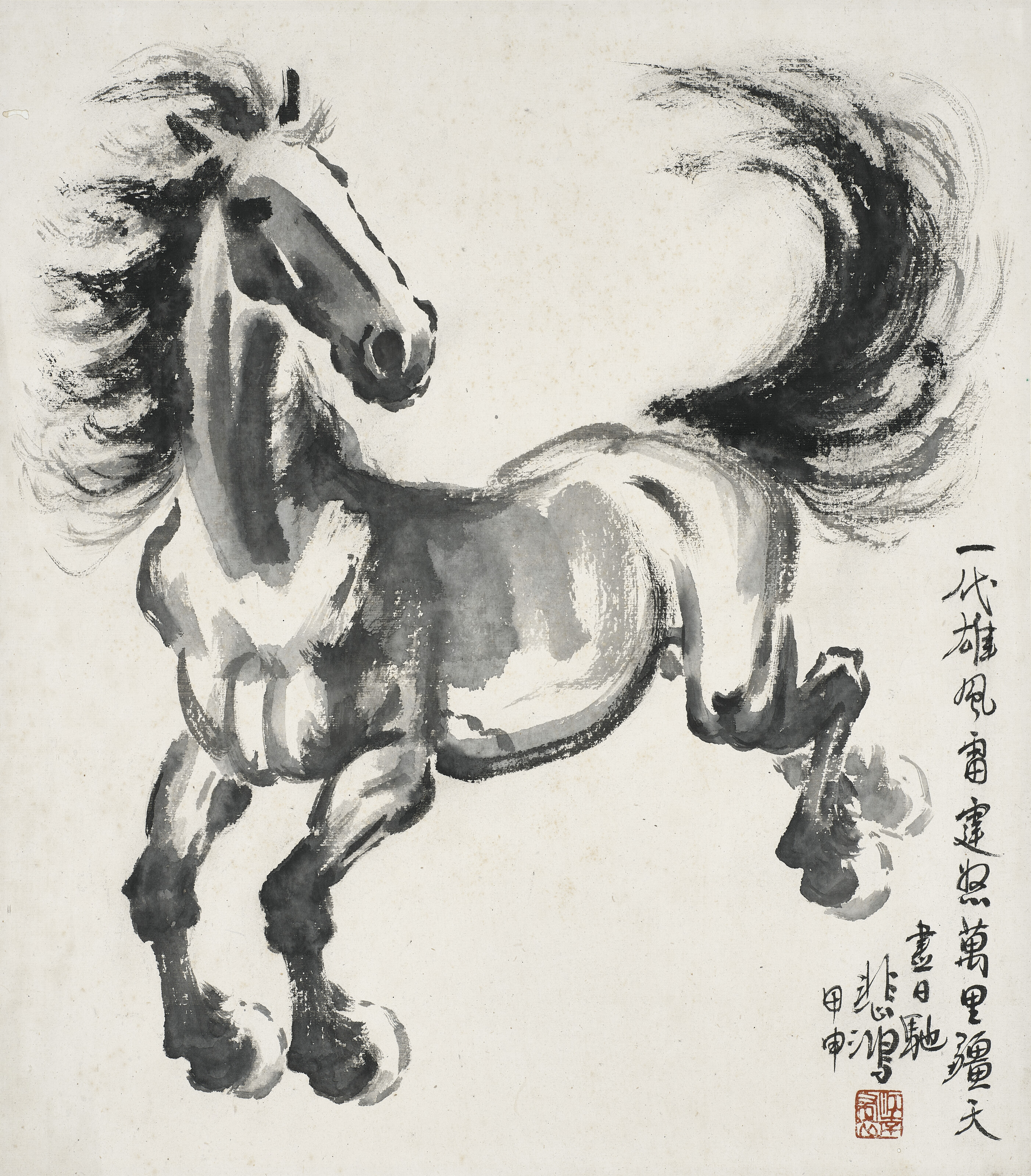 徐悲鴻 水墨画 書画 中国美術 掛軸 栄豊齋木版水印 マホガニー破風F10