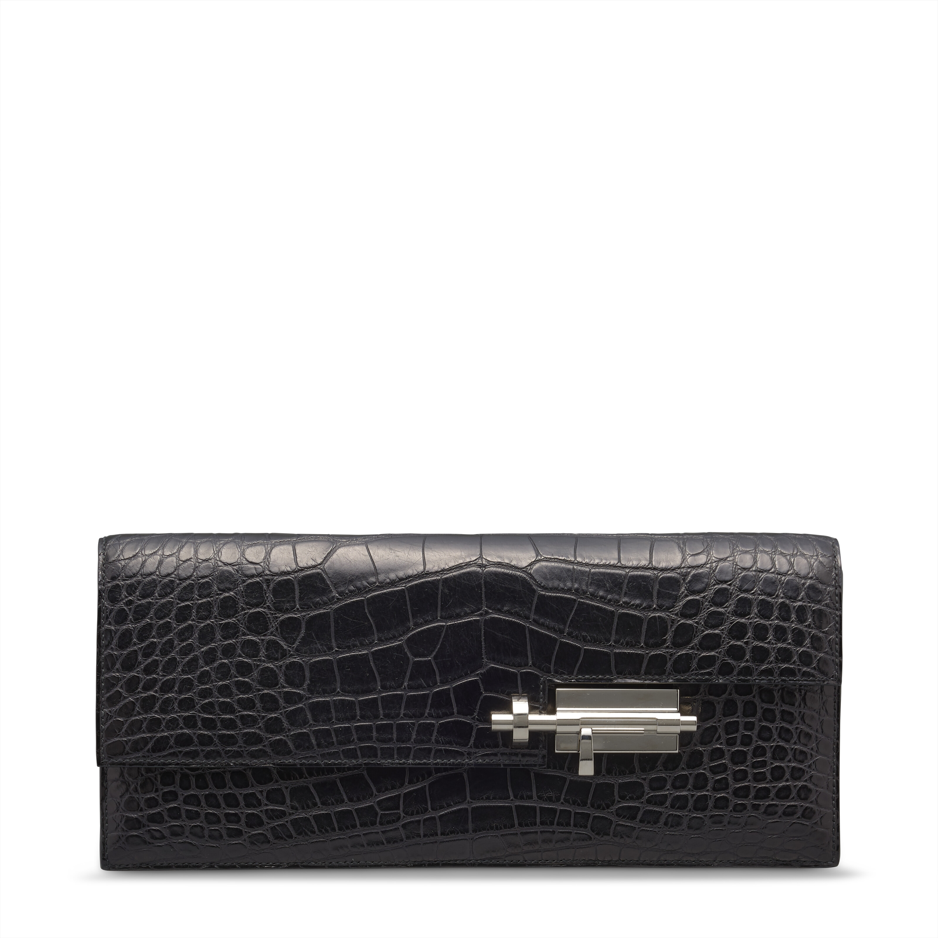 A MATTE BLACK ALLIGATOR VERROU CLUTCH WITH PALLADIUM HARDWARE