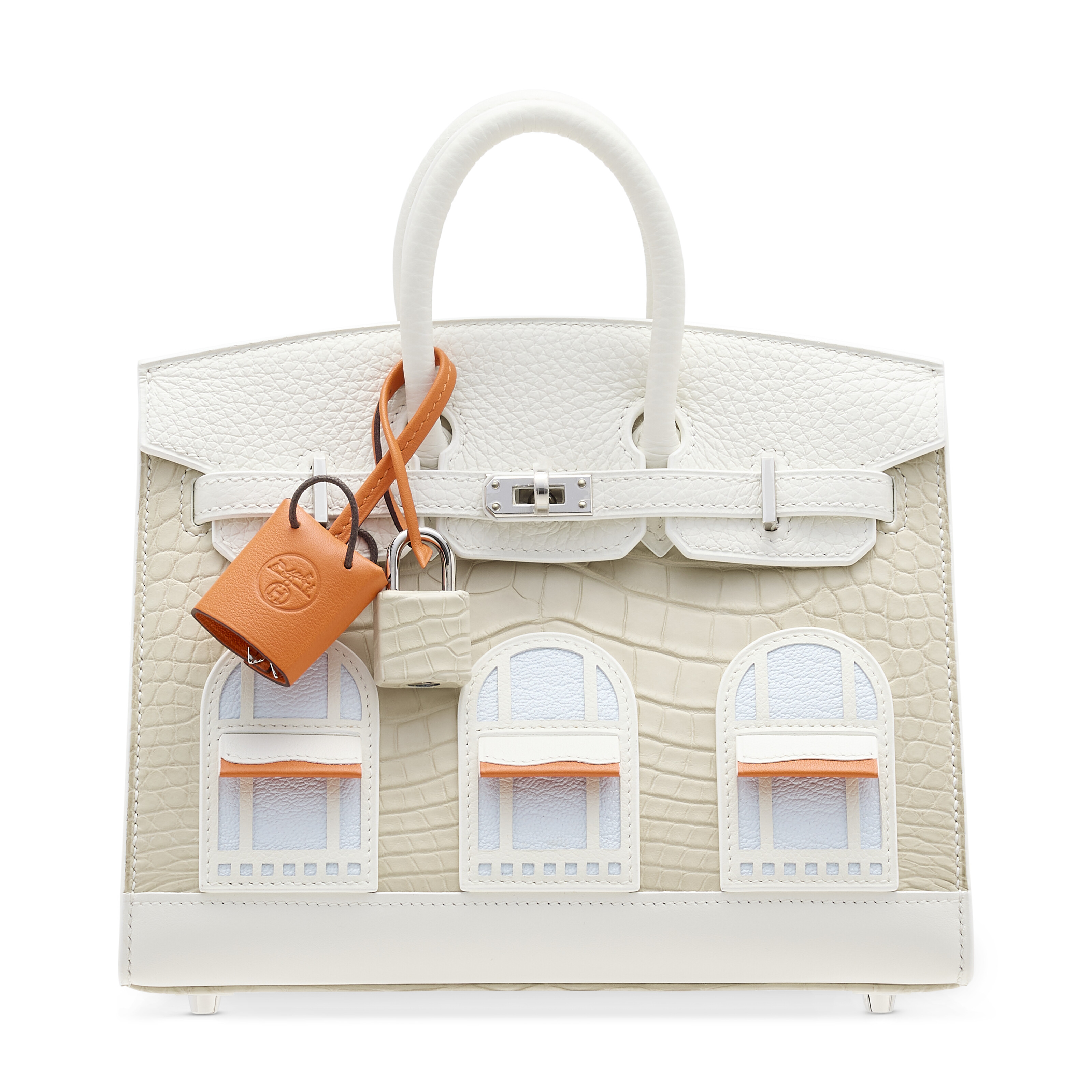 A rare, matte béton alligator, white togo, swift & sombrero, orange H & Craie swift & bleu brume chèvre leather snow Faubourg Sellier Birkin 20 with palladium hardware, Hermès, 2022. 20 w x 16 h x 11 d cm. Estimate: HK$1,200,000-2,200,000. Offered in Handbags Online: The Hong Kong Edit, 20 February – 6 March 2025 at Christie’s Online