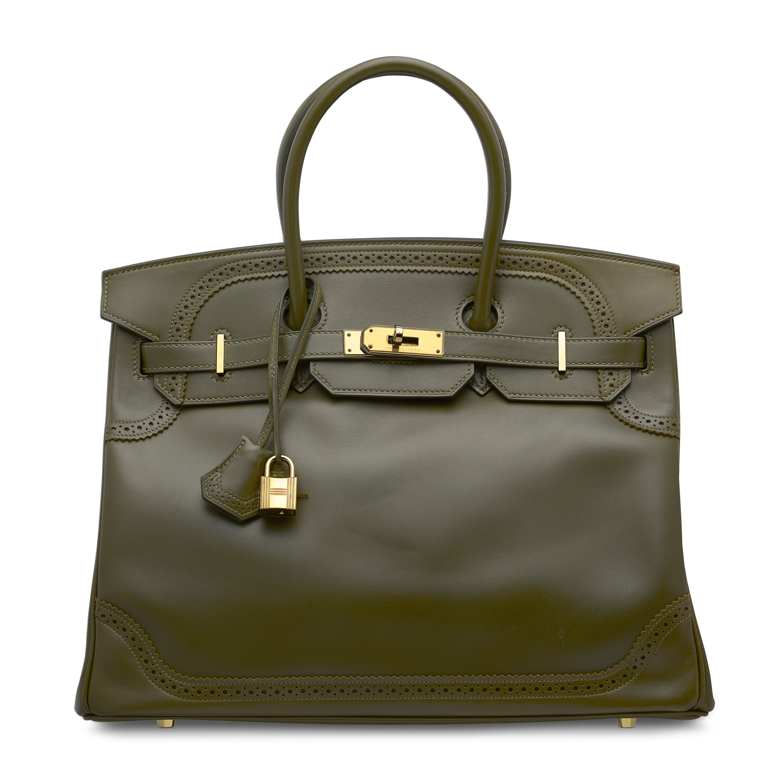A limited-edition Vert Veronèse tadelakt leather Ghillies Birkin 35 with permabrass hardware, Hermès, 2013. 35 w x 25 h x 18 d cm. Estimate: HK$60,000-100,000. Offered in Handbags Online: The Hong Kong Edit, 20 February – 6 March 2025 at Christie’s Online