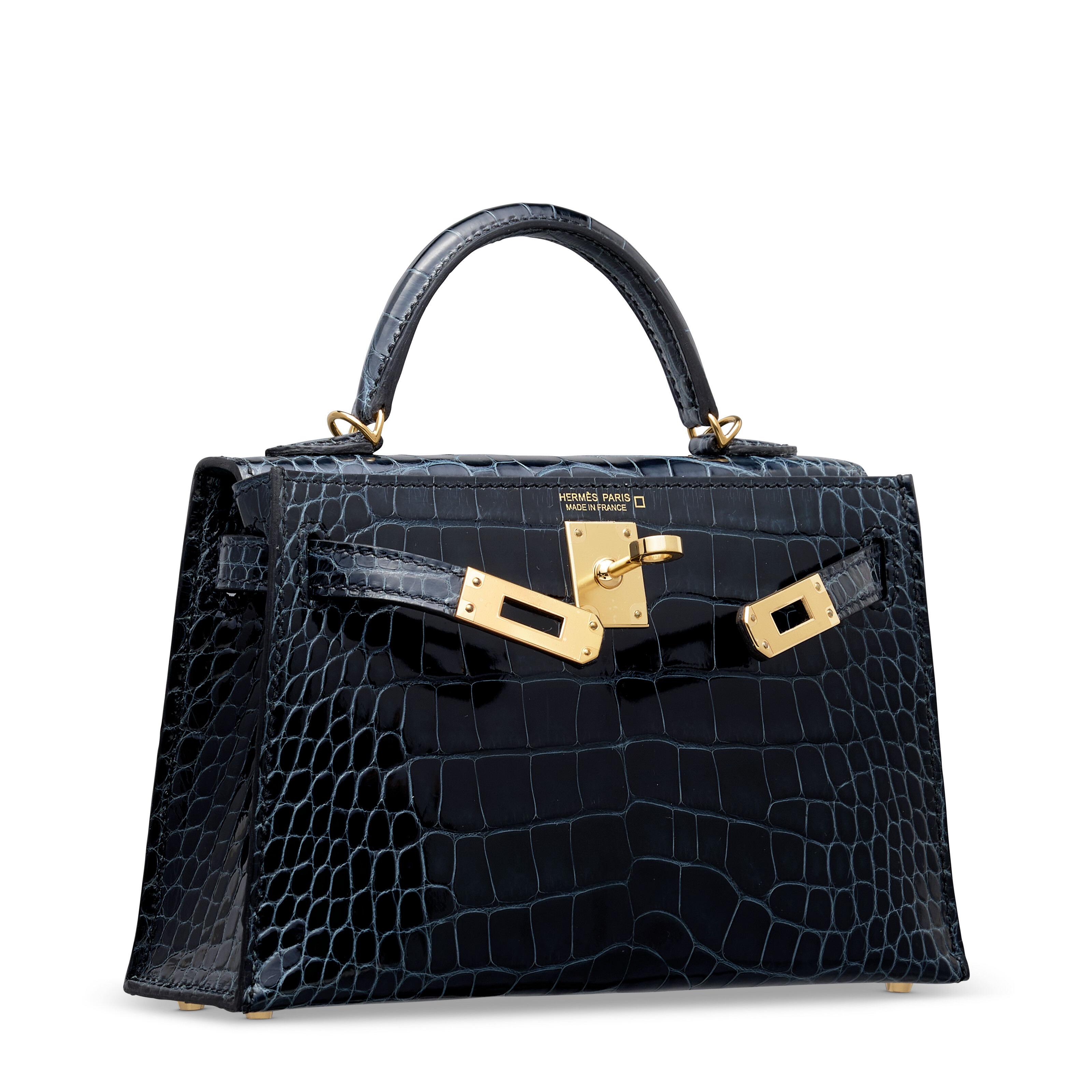 A SHINY VERT ROUSSEAU ALLIGATOR MINI KELLY 20 II WITH GOLD