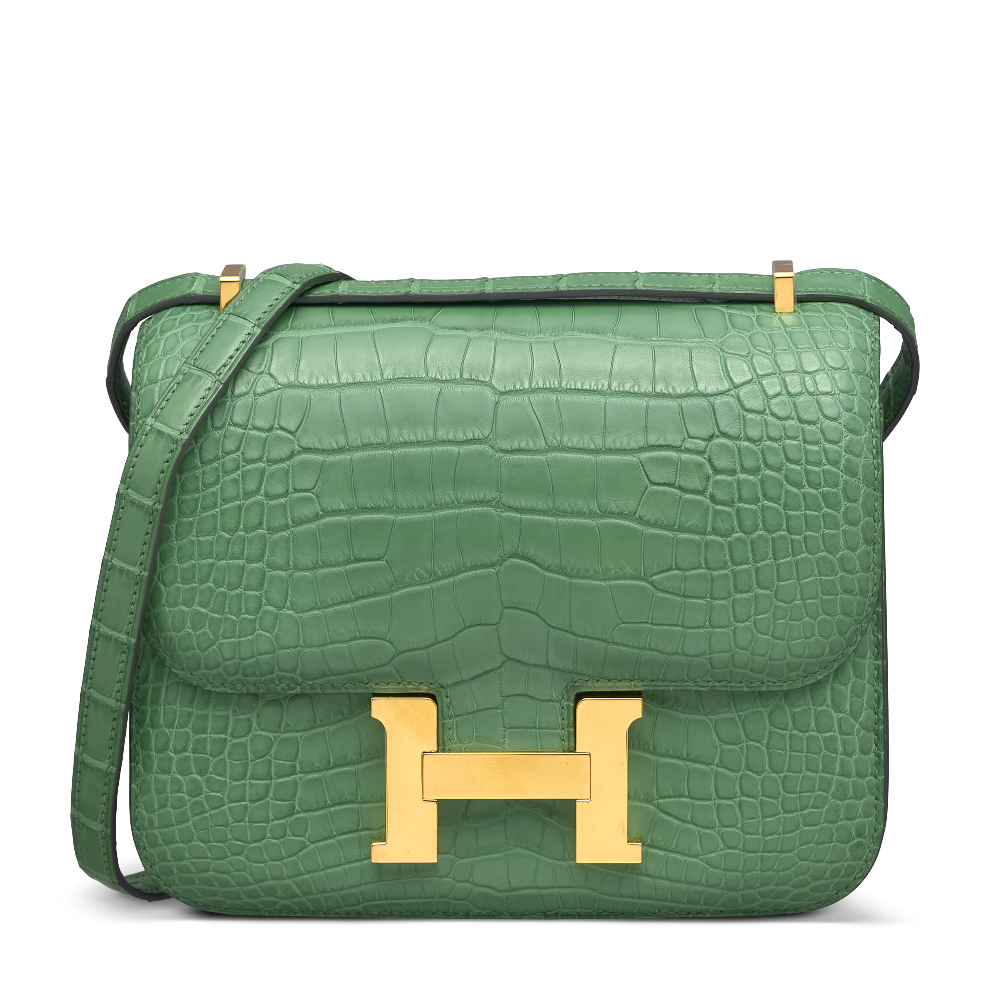 A SHINY VERT ROUSSEAU ALLIGATOR MINI KELLY 20 II WITH GOLD