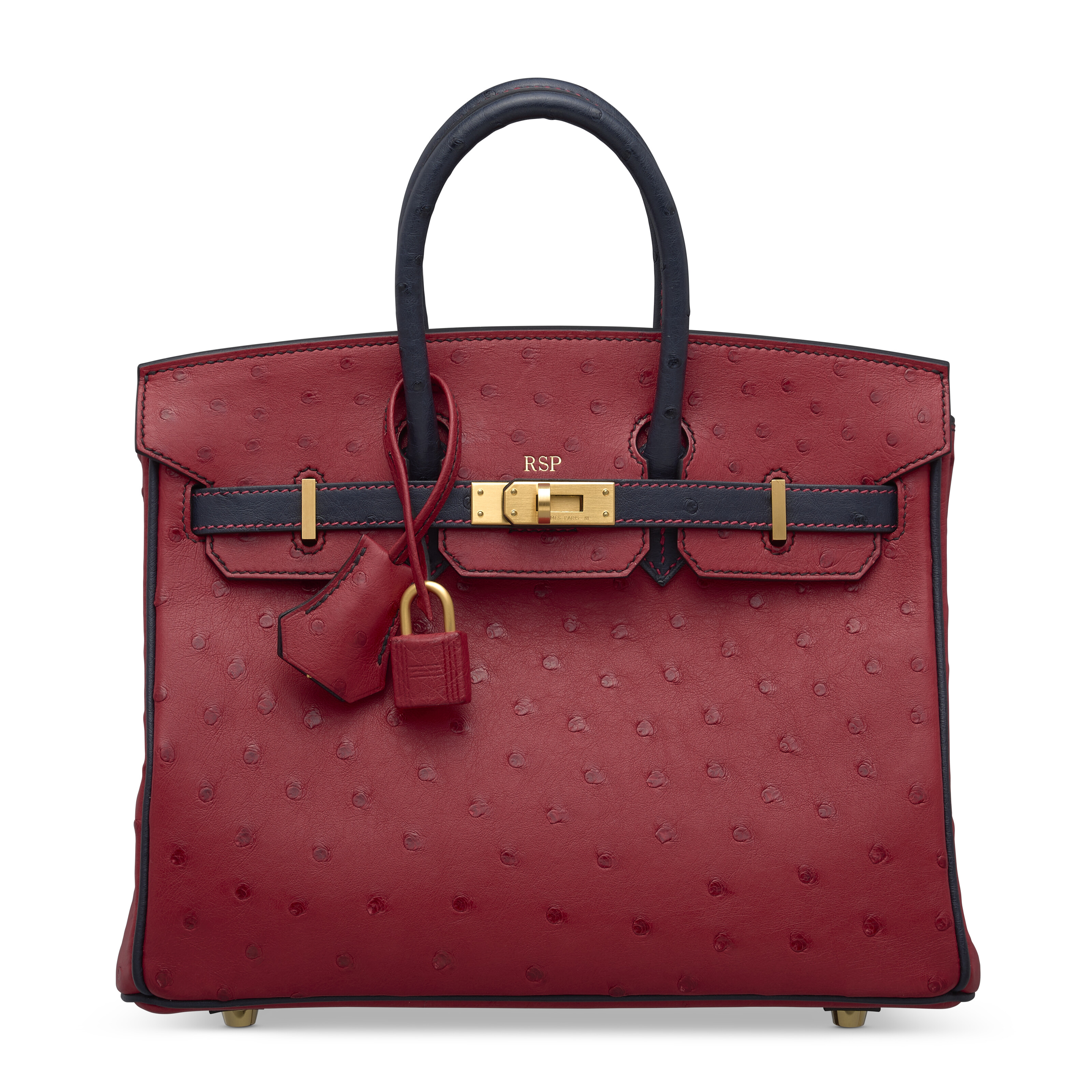 A CUSTOM ROUGE VIF & BLEU INDIGO OSTRICH BIRKIN 25 WITH BRUSHED GOLD ...