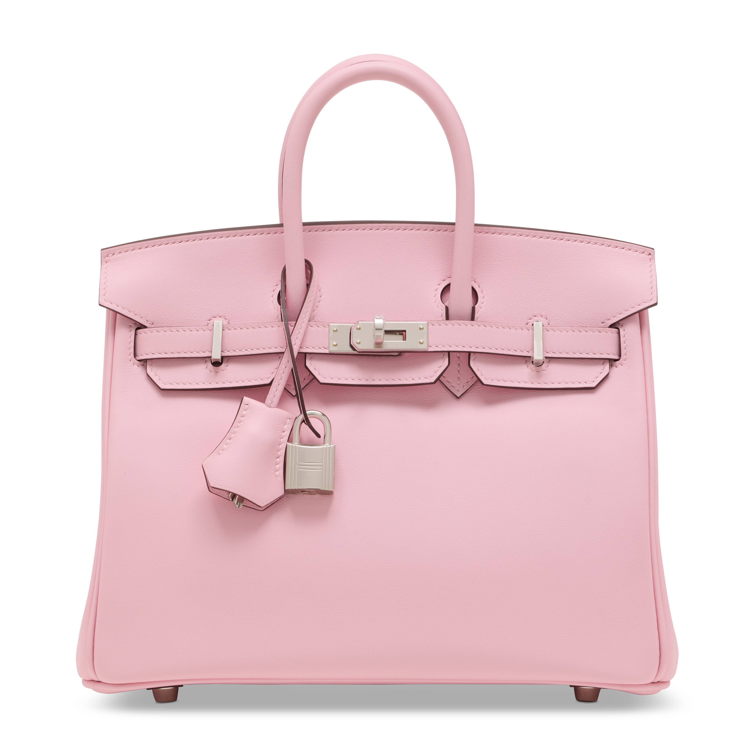 樱花粉色SWIFT小牛皮25公分柏金包附钯金配件，爱马仕，2025年。25 x 19 x 14 公分。估价：港元 100,000 – 160,000。此拍品将于2025年11月24日在佳士得香港典雅传承: 手袋及配饰拍卖中呈献 