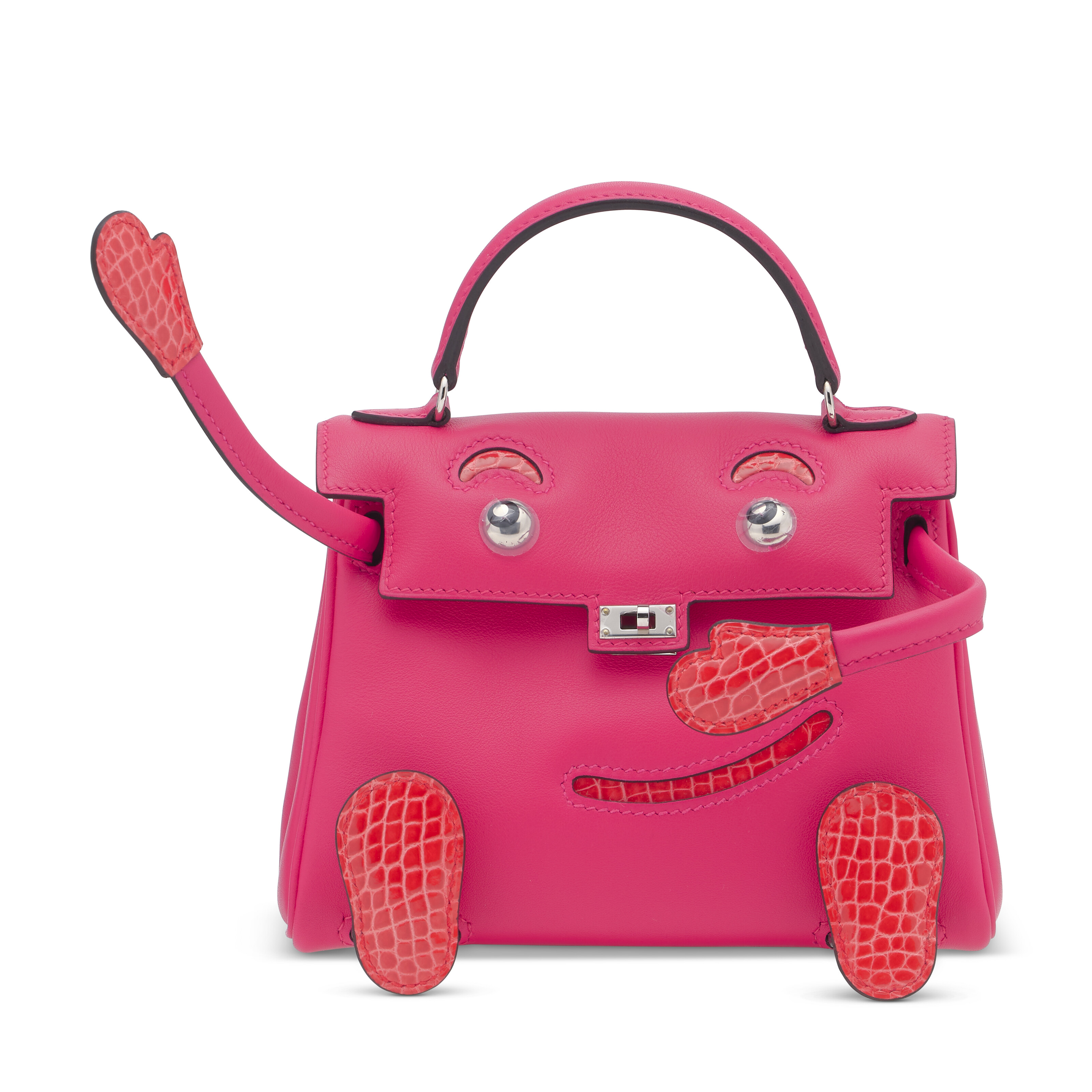 限量版亮面爱心红色短吻鳄皮及墨西哥粉色SWIFT小牛皮QUELLE IDOLE包附钯金配件，爱马仕，2022年。15 x 12 x 6 公分。估价：港元400,000 – 600,000。此拍品将于2025年11月24日在佳士得香港典雅传承：手袋及配饰拍卖中呈献
