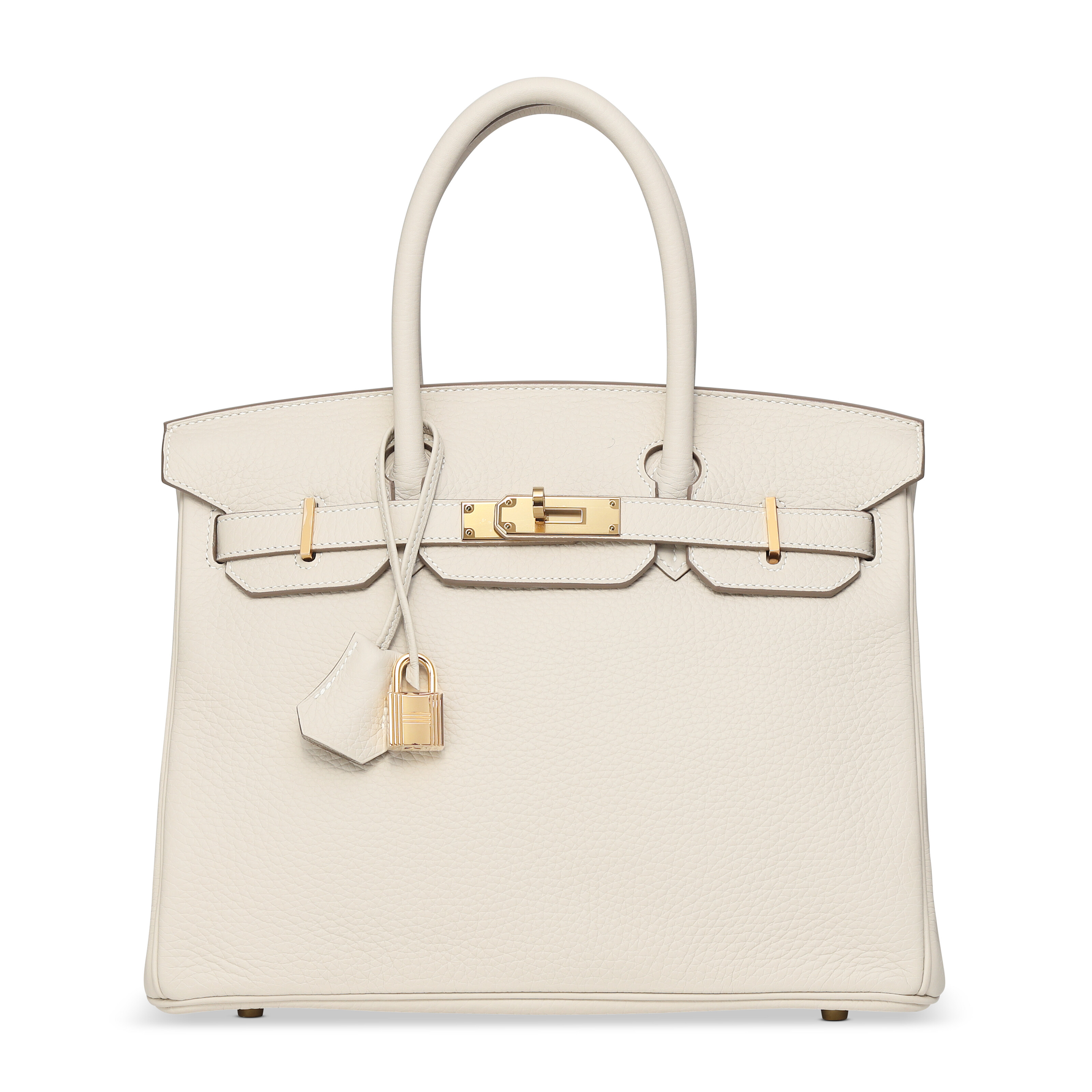 奶昔白CLÉMENCE小牛皮30公分柏金包附黄金配件，爱马仕，2020年。30 x 22 x 15 公分。估价：港元80,000 – 120,000。此拍品将于2025年11月24日在佳士得香港典雅传承: 手袋及配饰拍卖中呈献 
