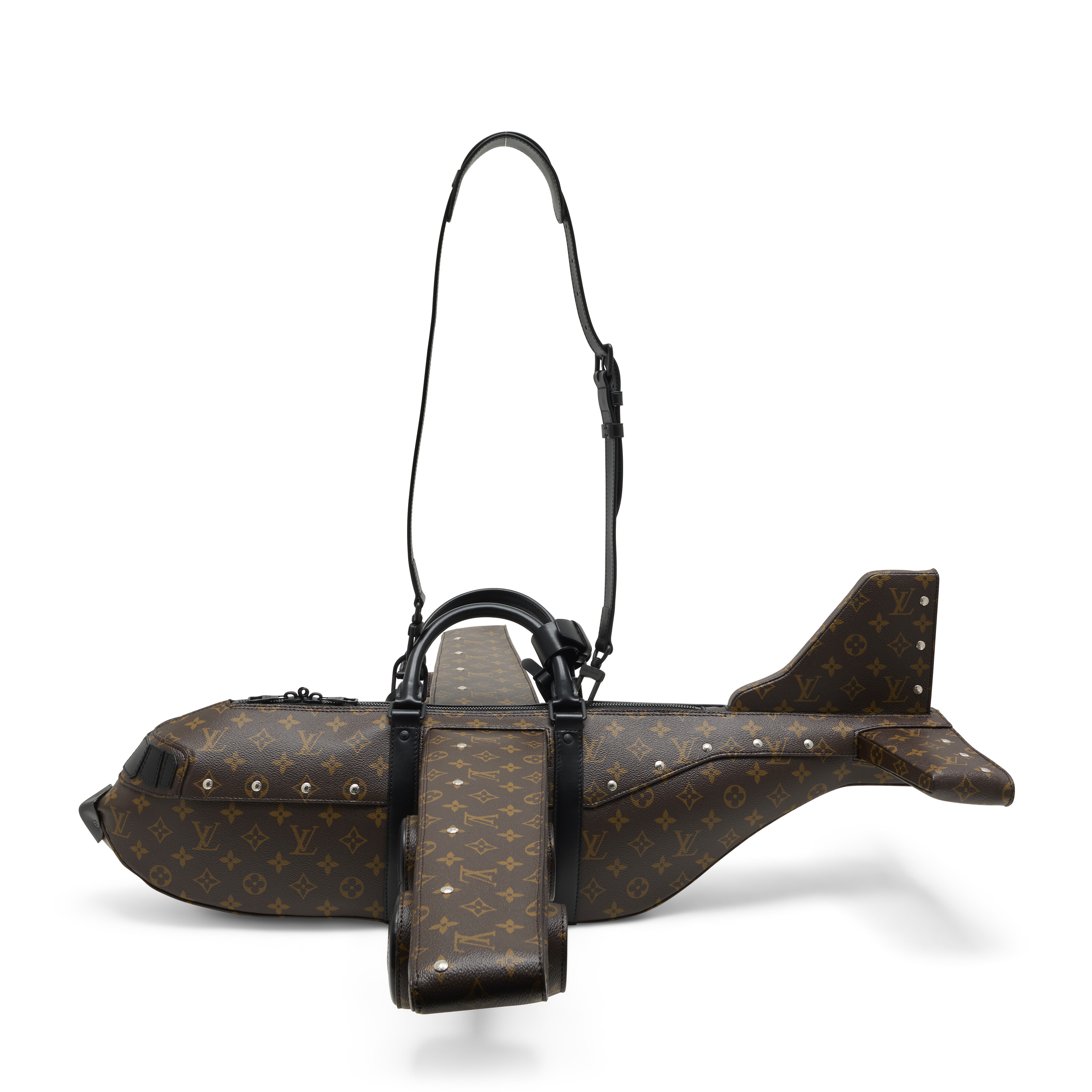 Louis Vuitton. A limited edition Classic Monogram canvas and black calfskin airplane-shape bag with black hardware by Virgil Abloh, fall/winter 2021, sold for HK$228,600 on 24 November 2025 at Christie's in Hong Kong