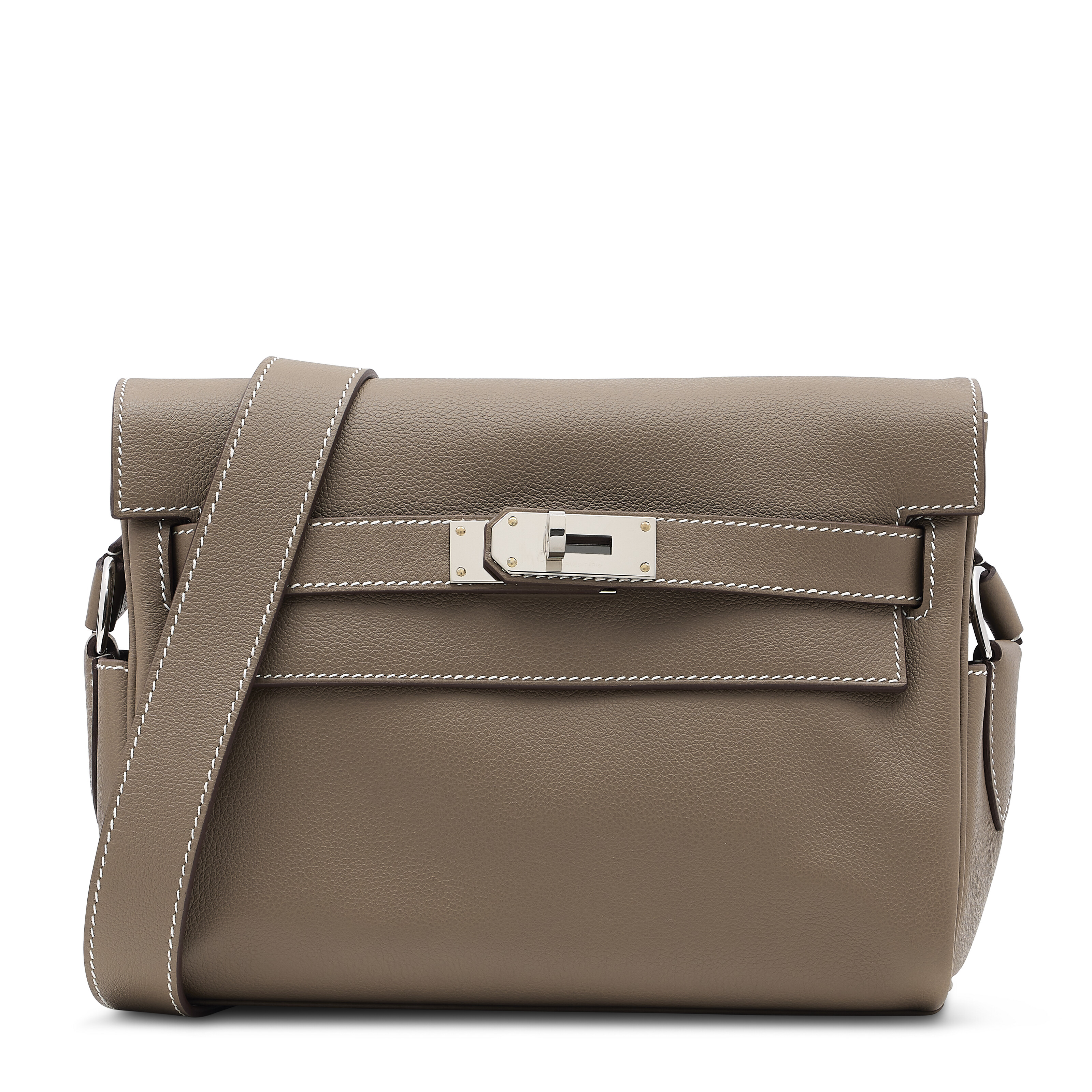 AN ÉTOUPE EVERCOLOR LEATHER KELLY MESSENGER PM WITH PALLADIUM