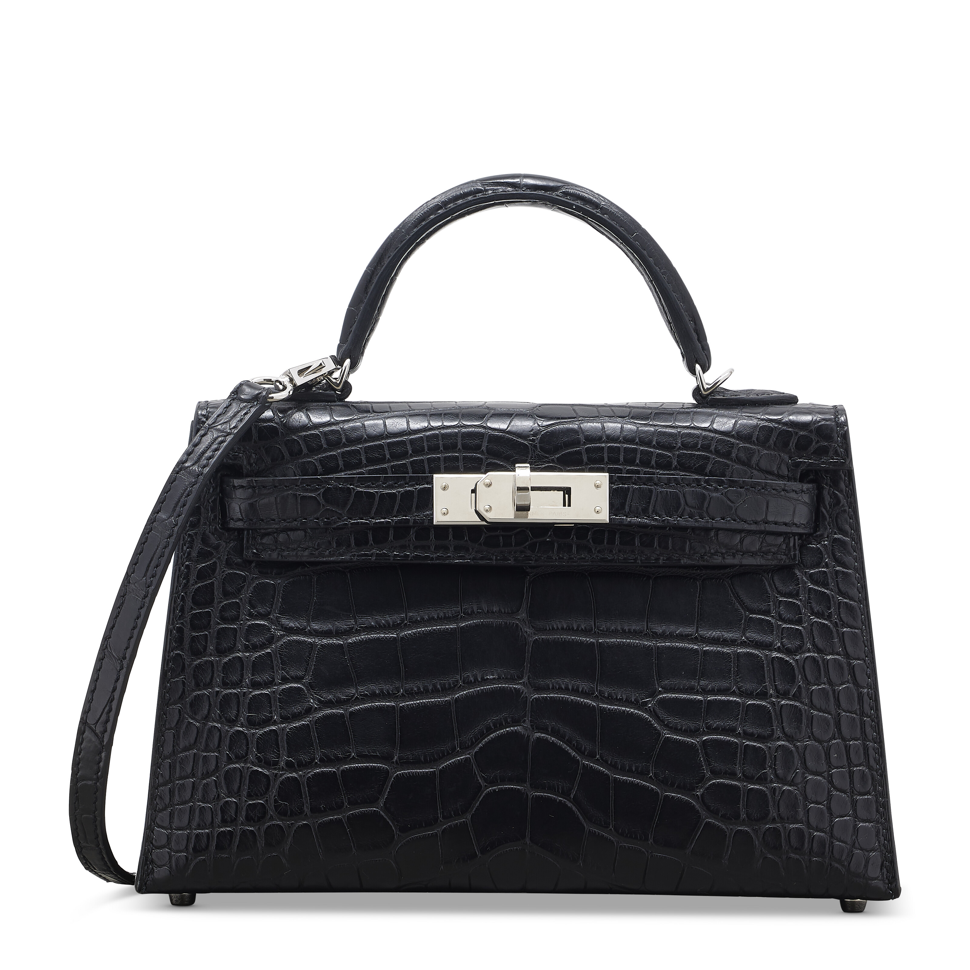 A MATTE BLACK ALLIGATOR MINI KELLY 20 II WITH PALLADIUM HARDWARE
