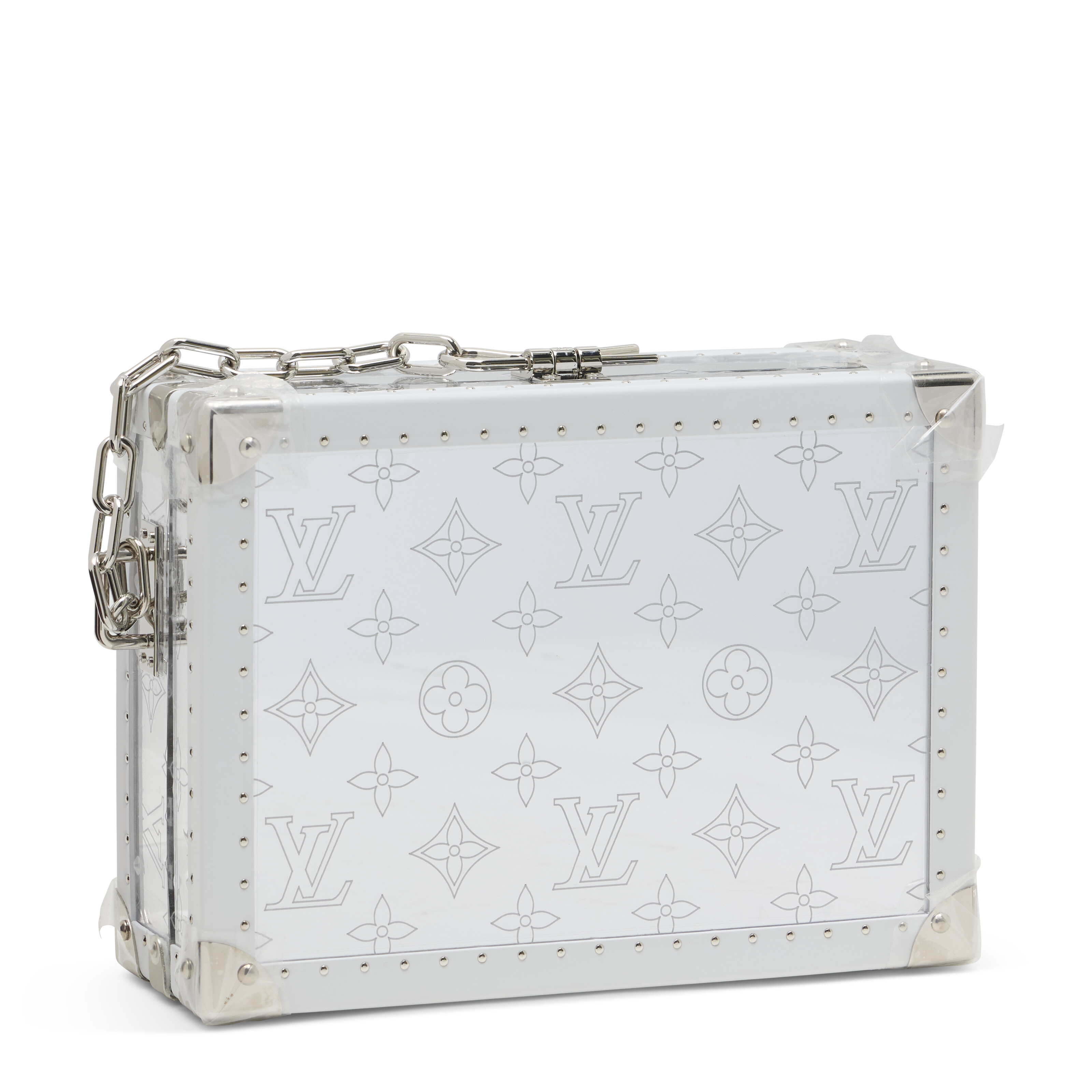 A LIMITED EDITION MIRROR MONOGRAM CLUTCH BOX WITH SILVER HARDWARE