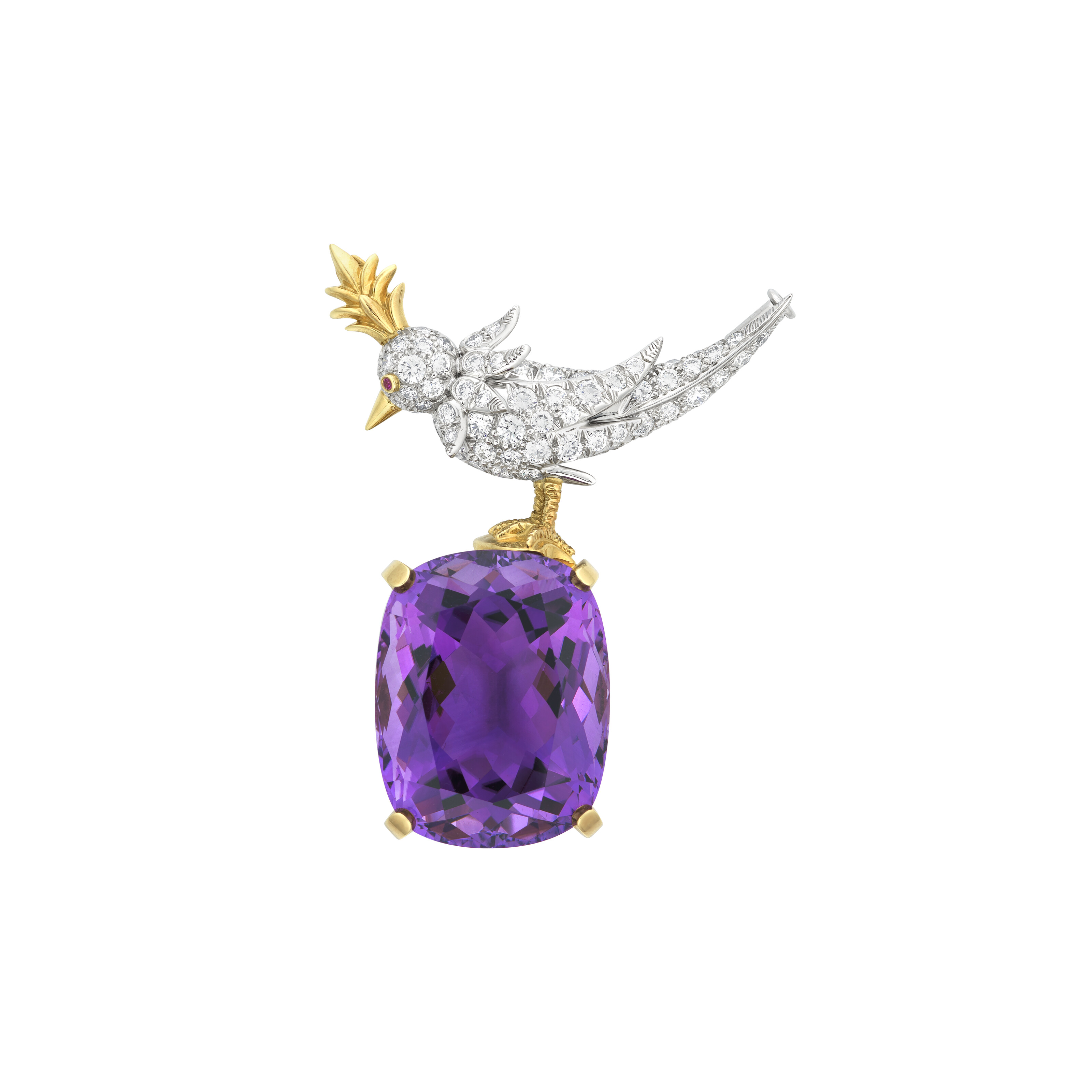 TIFFANY & CO. SCHLUMBERGER STUDIO AMETHYST AND DIAMOND 'BIRD ON A ROCK' BROOCH | Christie's