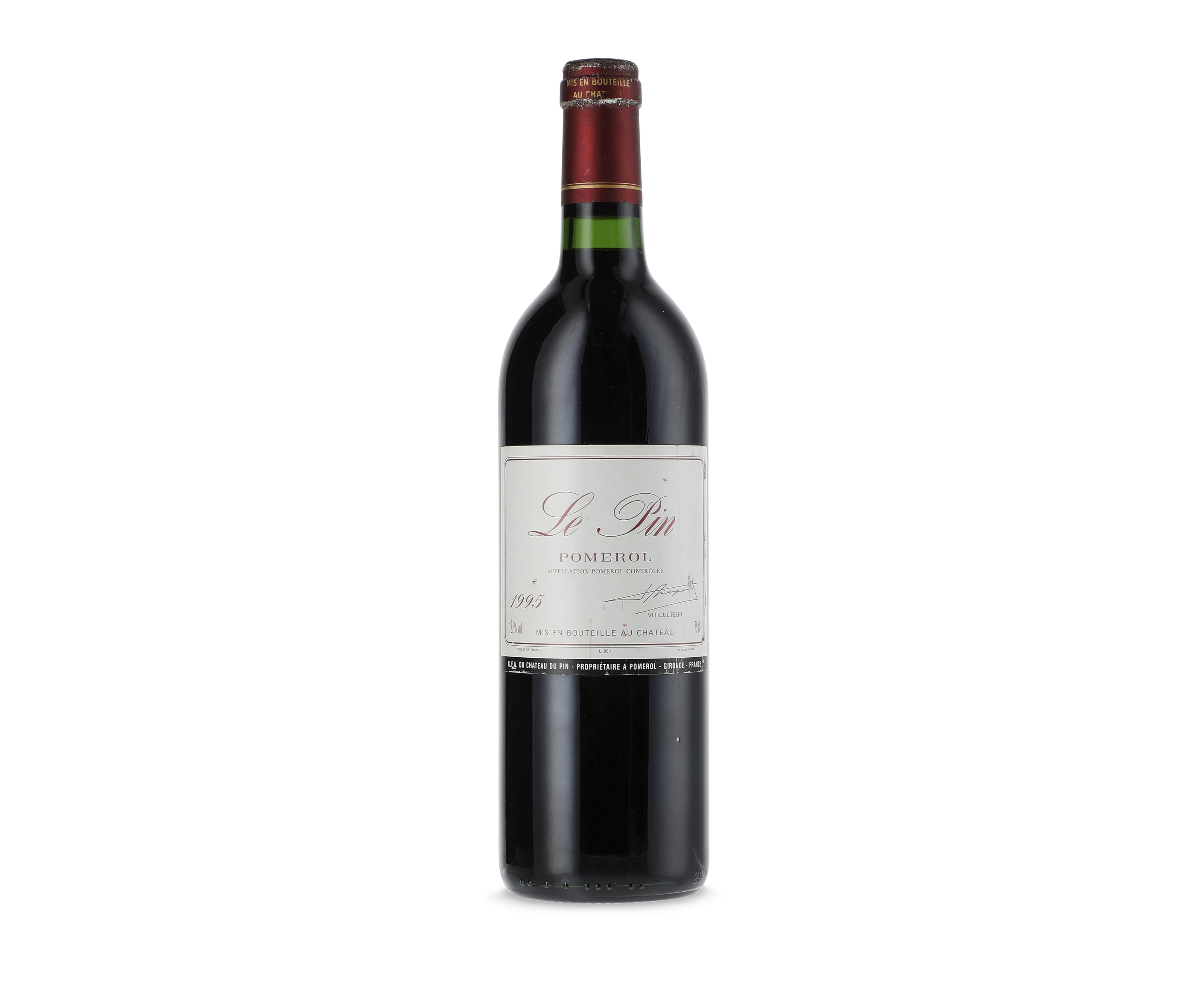 Le Pin 1995, PomerolScuffed and bin-soiled front label, worn and ...
