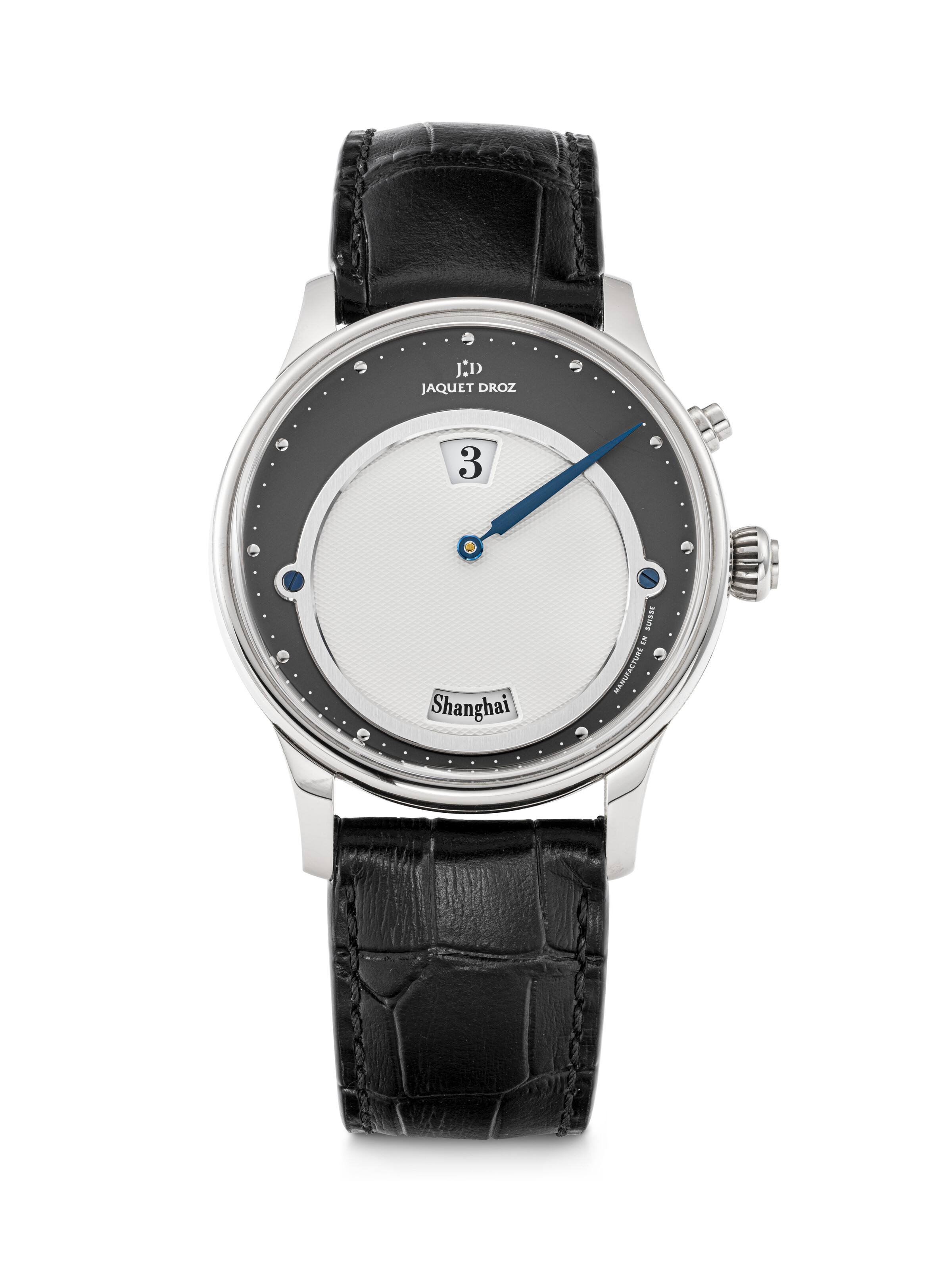 JAQUET DROZ, 18K WHITE GOLD JUMP HOUR WORLD TIME WRISTWATCH, CASE