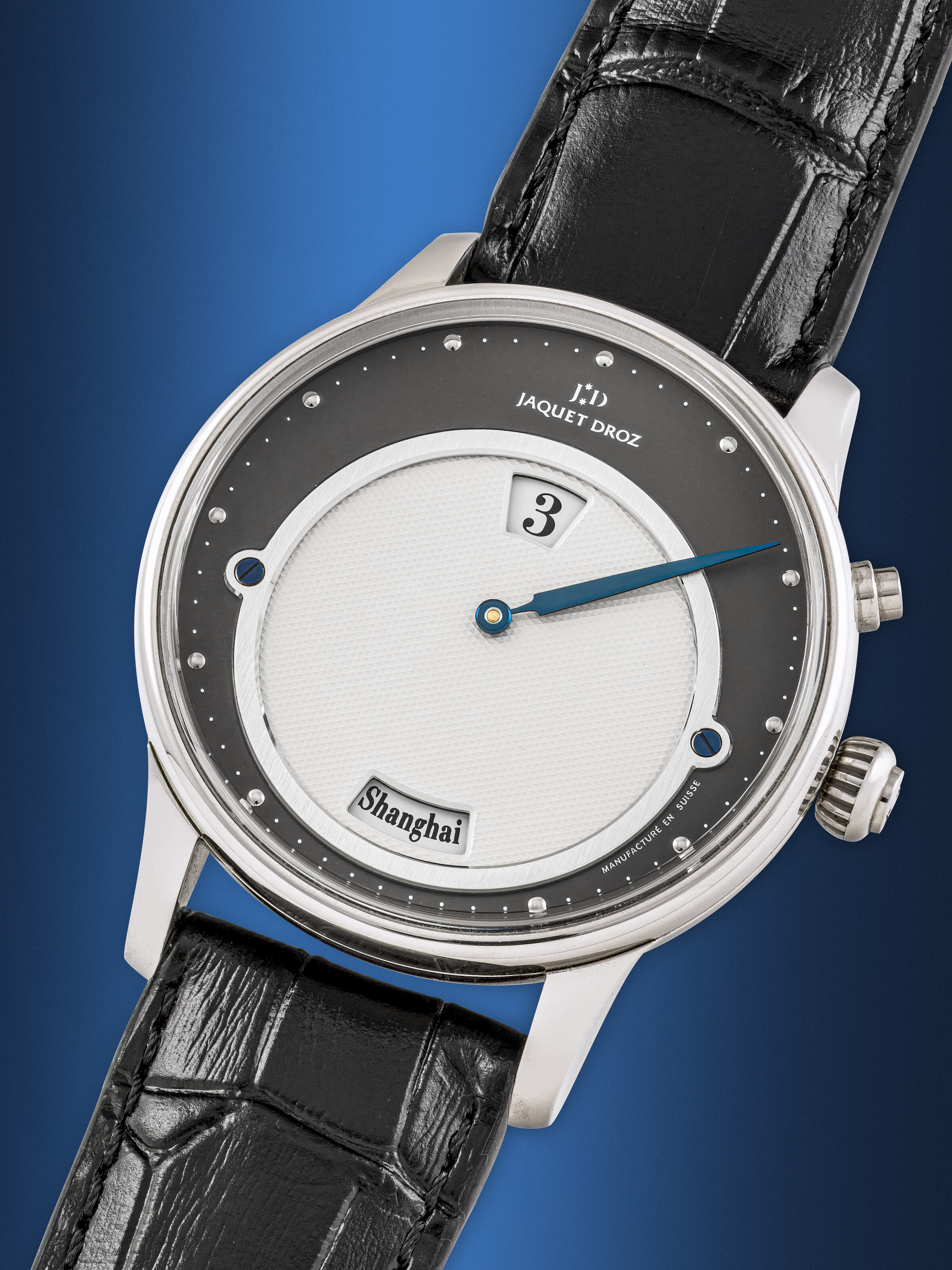 JAQUET DROZ, 18K WHITE GOLD JUMP HOUR WORLD TIME WRISTWATCH, CASE