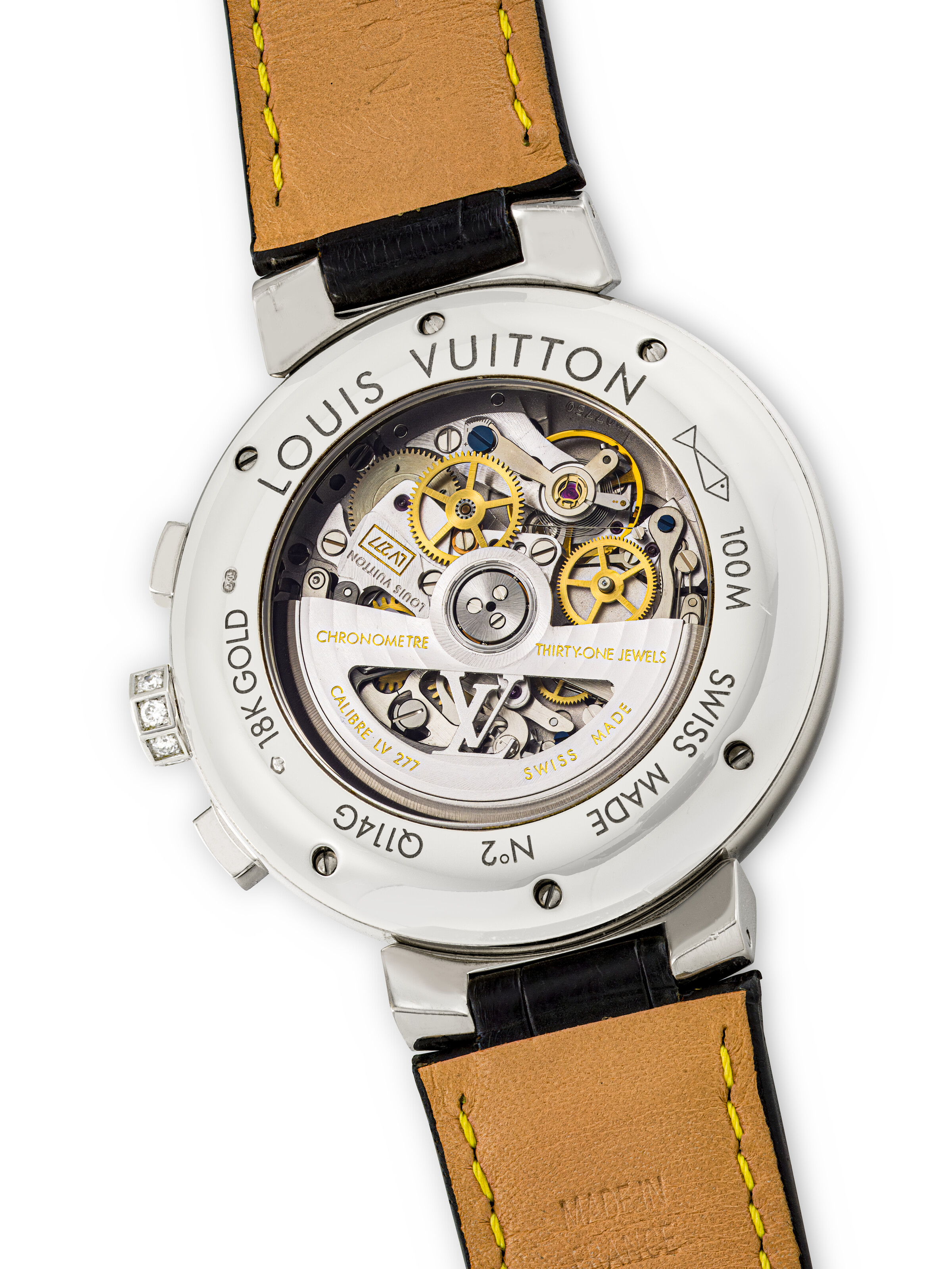 LOUIS VUITTON, TAMBOUR, WHITE GOLD AND DIAMOND-SET CHRONOGRAPH