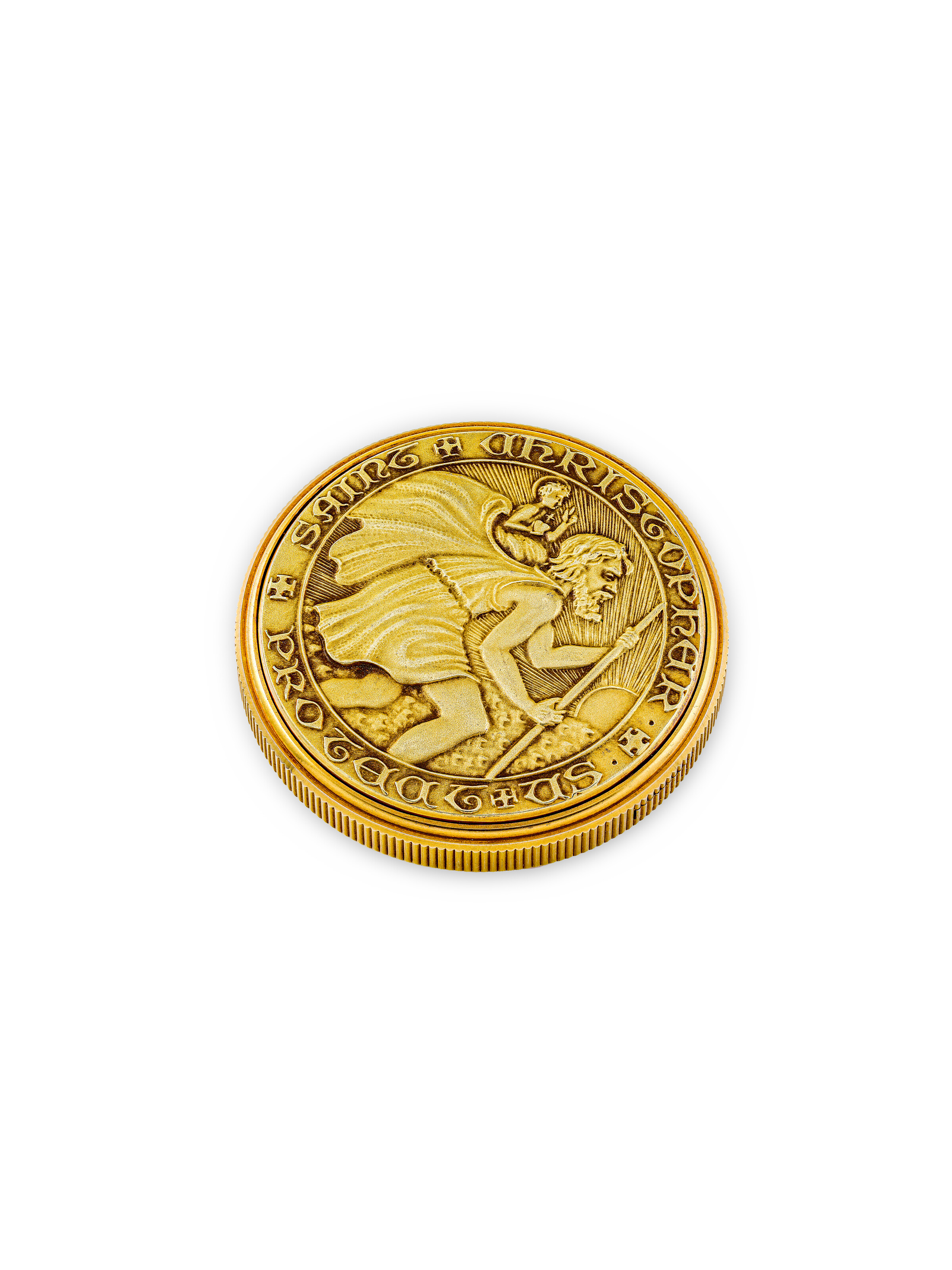 MOVADO, 14K GOLD COIN WATCH WITH ENGRAVING OF SAINT 