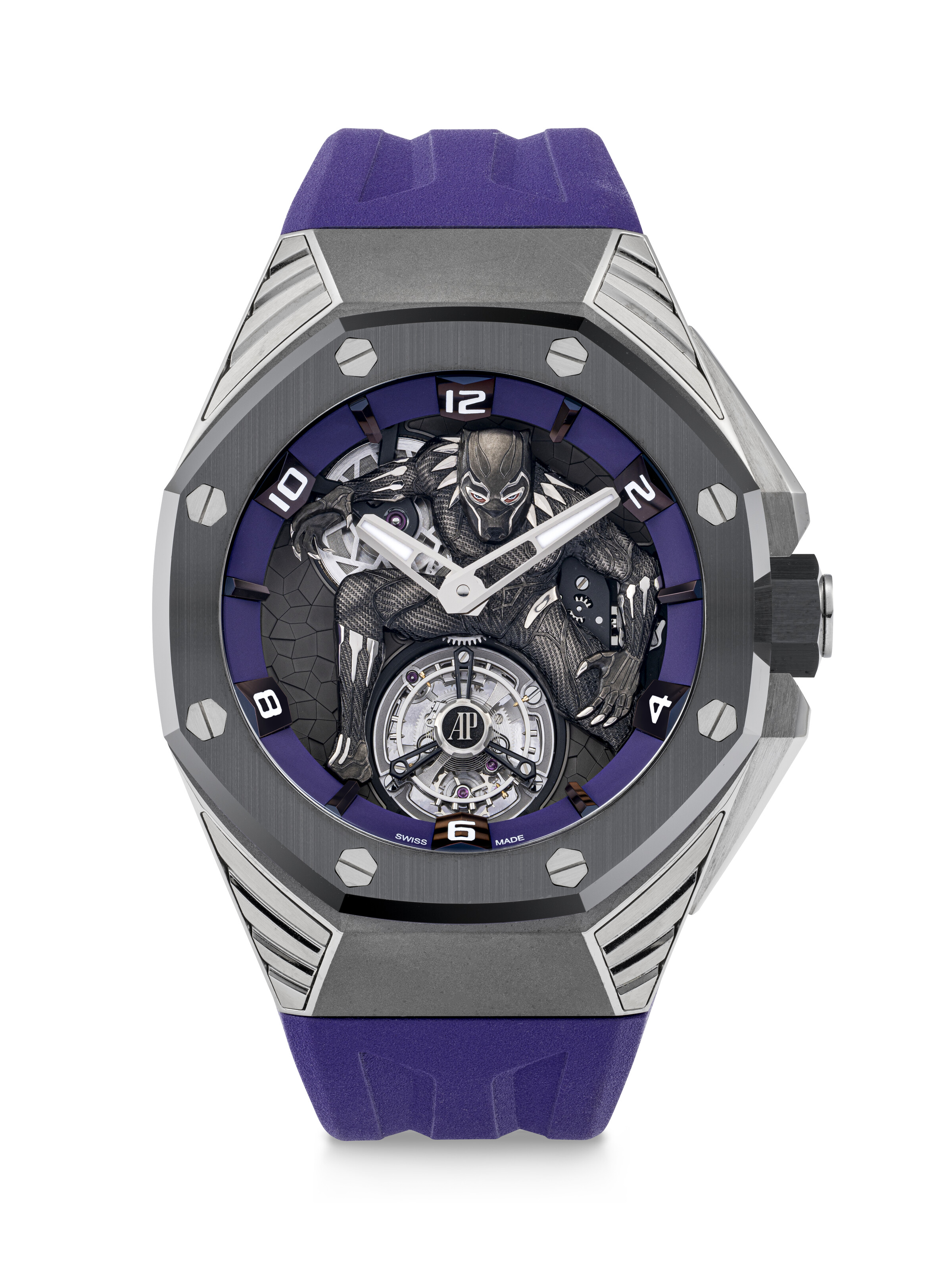 Audemars Piguet and Marvel. A titanium and ceramic limited edition tourbillon wristwatch. Royal Oak Concept Black Panther, ref. 26620IO, case no. HR6827H, dial: hand-painted white gold 3D Black Panther character. Sold for HK$1,764,000 on 28 May 2025 at Christie's in Hong Kong