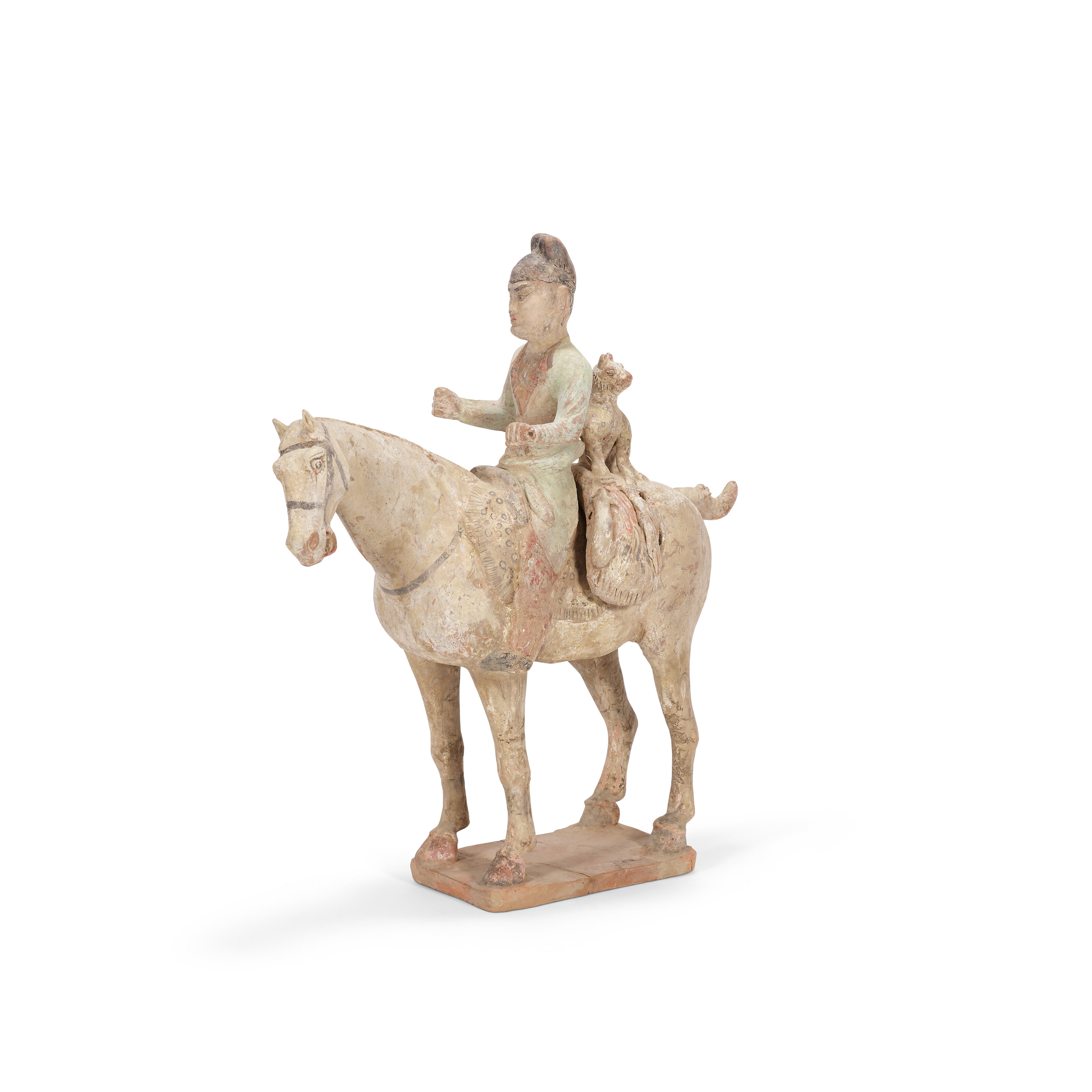 A PAINTED POTTERY HORSE AND RIDDER WITH A FELINE, TANG DYNASTY