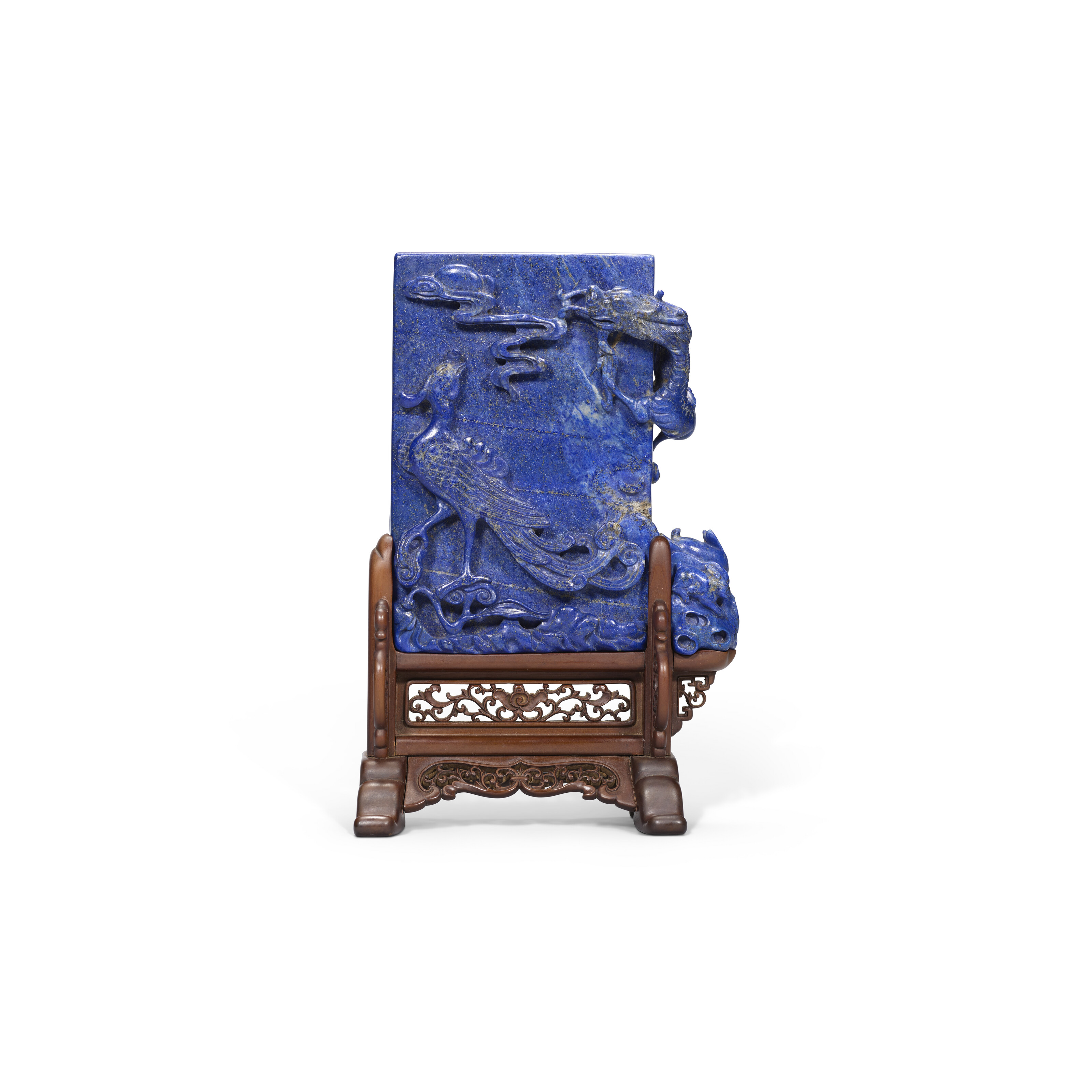 A CARVED LAPIS LAZULI 'DRAGON AND PHOENIX' TABLE SCREEN, QING