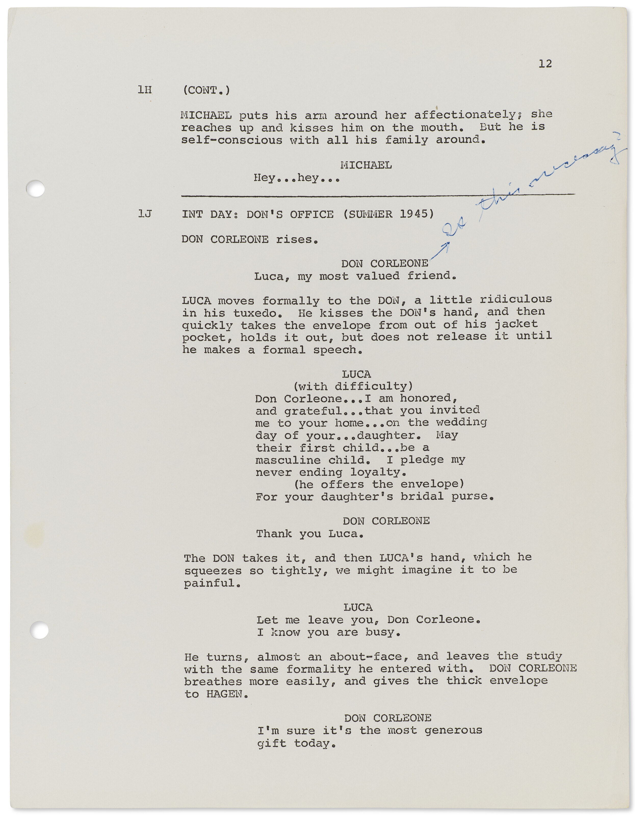 Script edits for The Godfather, Marlon Brando, 1971 Christie's