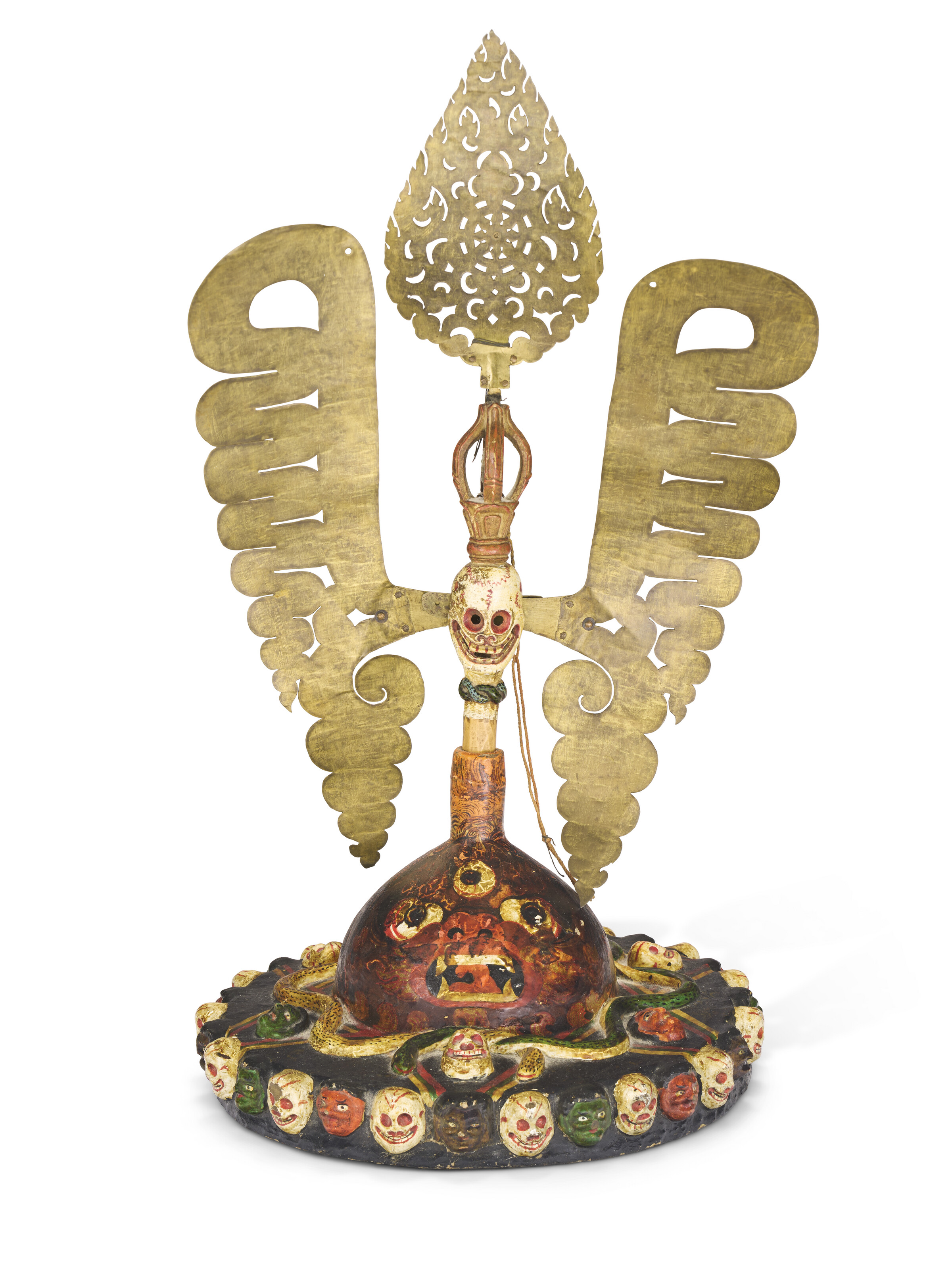 A PAPIER-MACHE, WOOD, AND GILT-BRONZE ORACLE HAT, TIBET OR MONGOLIA ...