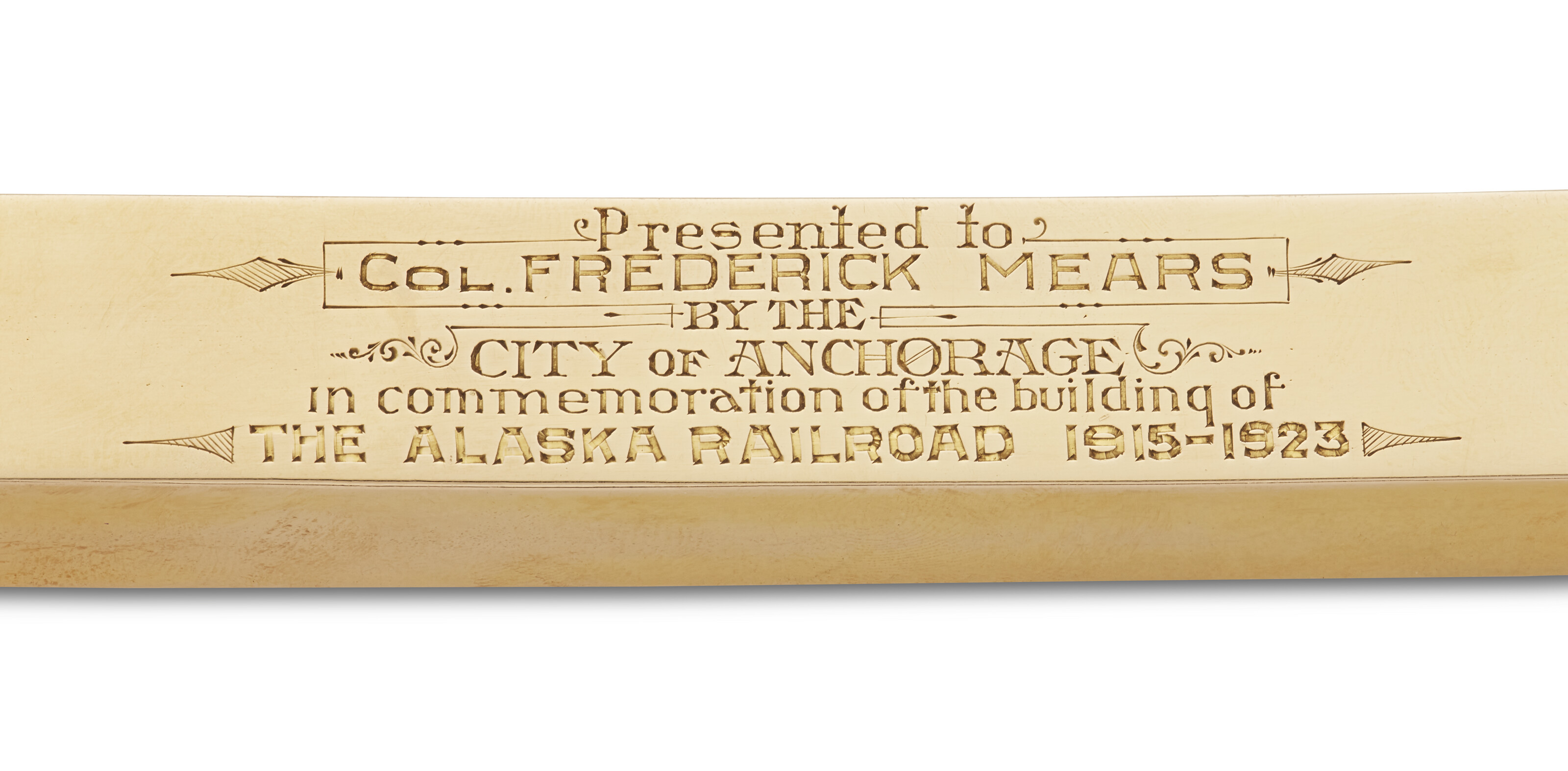 THE ALASKA RAILROAD: AN AMERICAN PRESENTATION 14K GOLD RAILROAD SPIKE, MARK  OF MAYER BROTHERS, SEATTLE, WASHINGTON, CIRCA 1923 | Christie's
