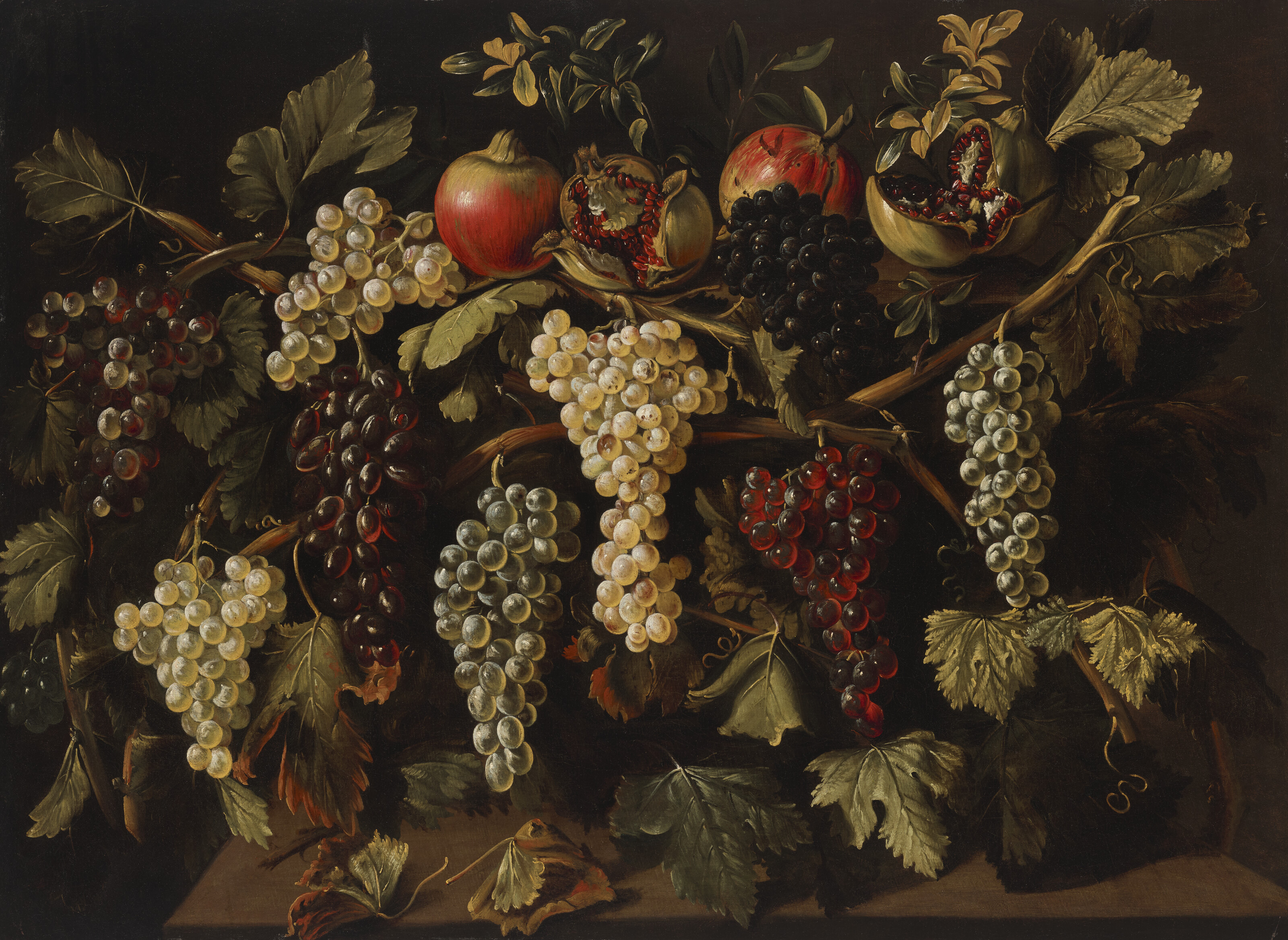 Red, green and black grapes on vines with pomegranates above a stone table