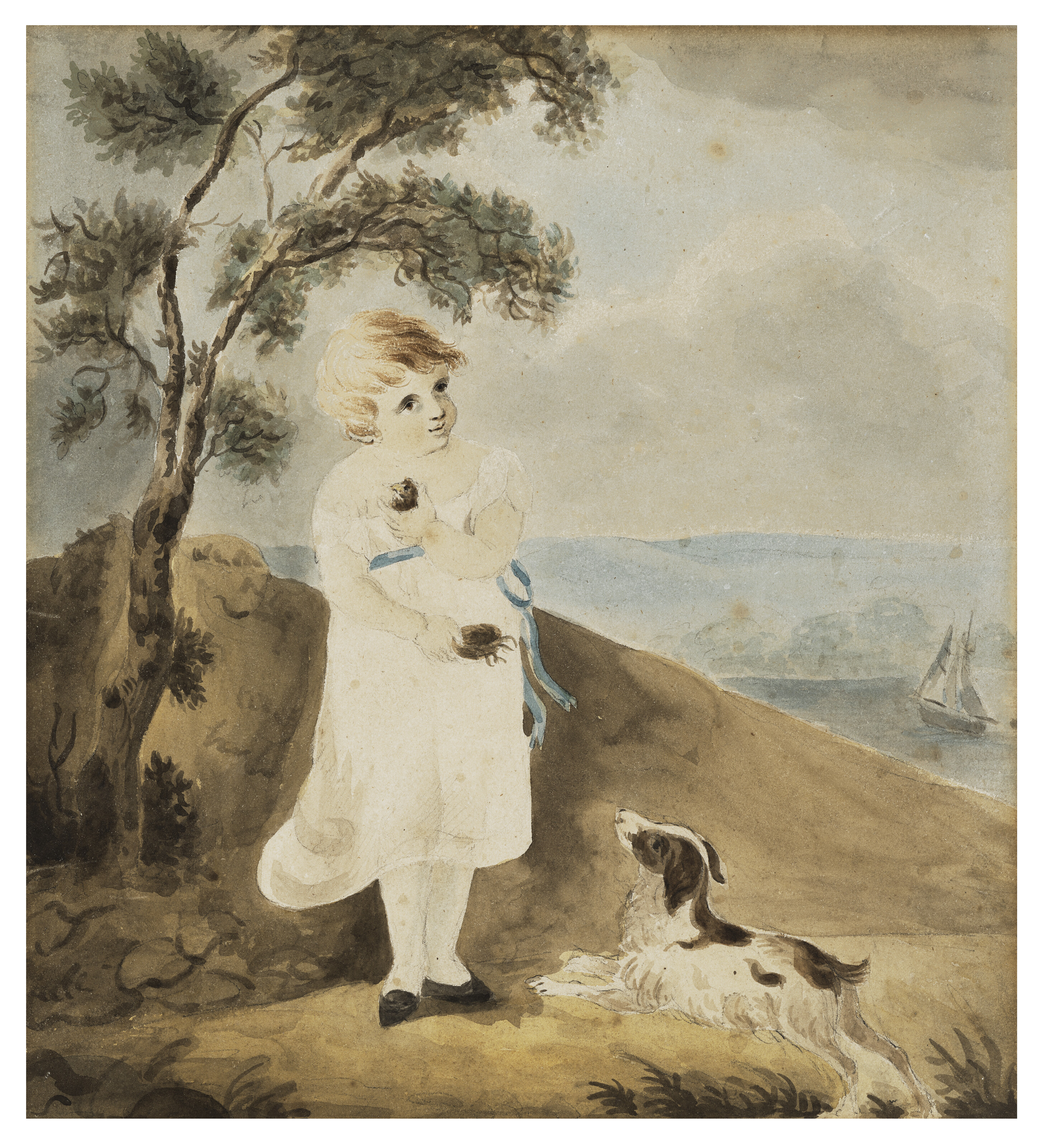 A young girl with a spaniel in a landscape