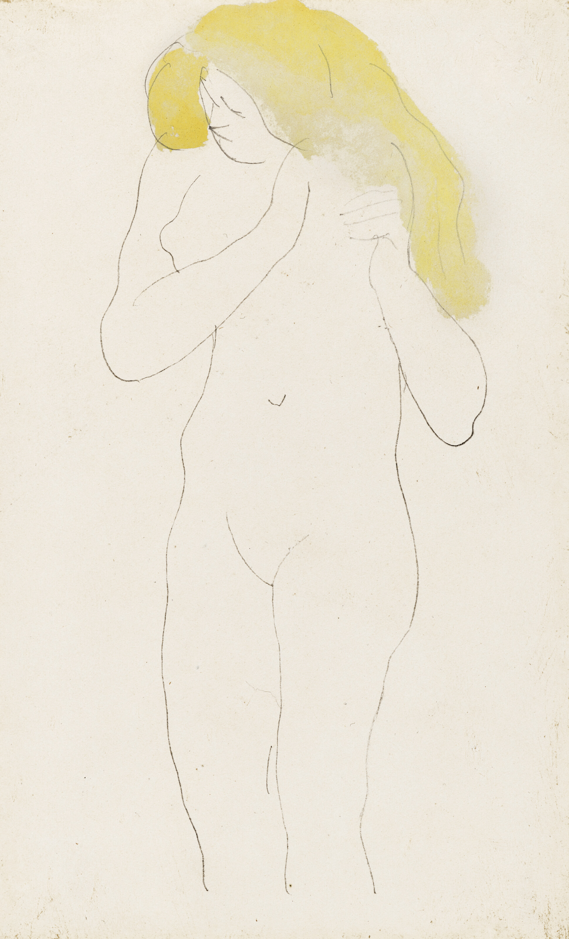 Femme nue debout, les mains à sa chevelure dénouée