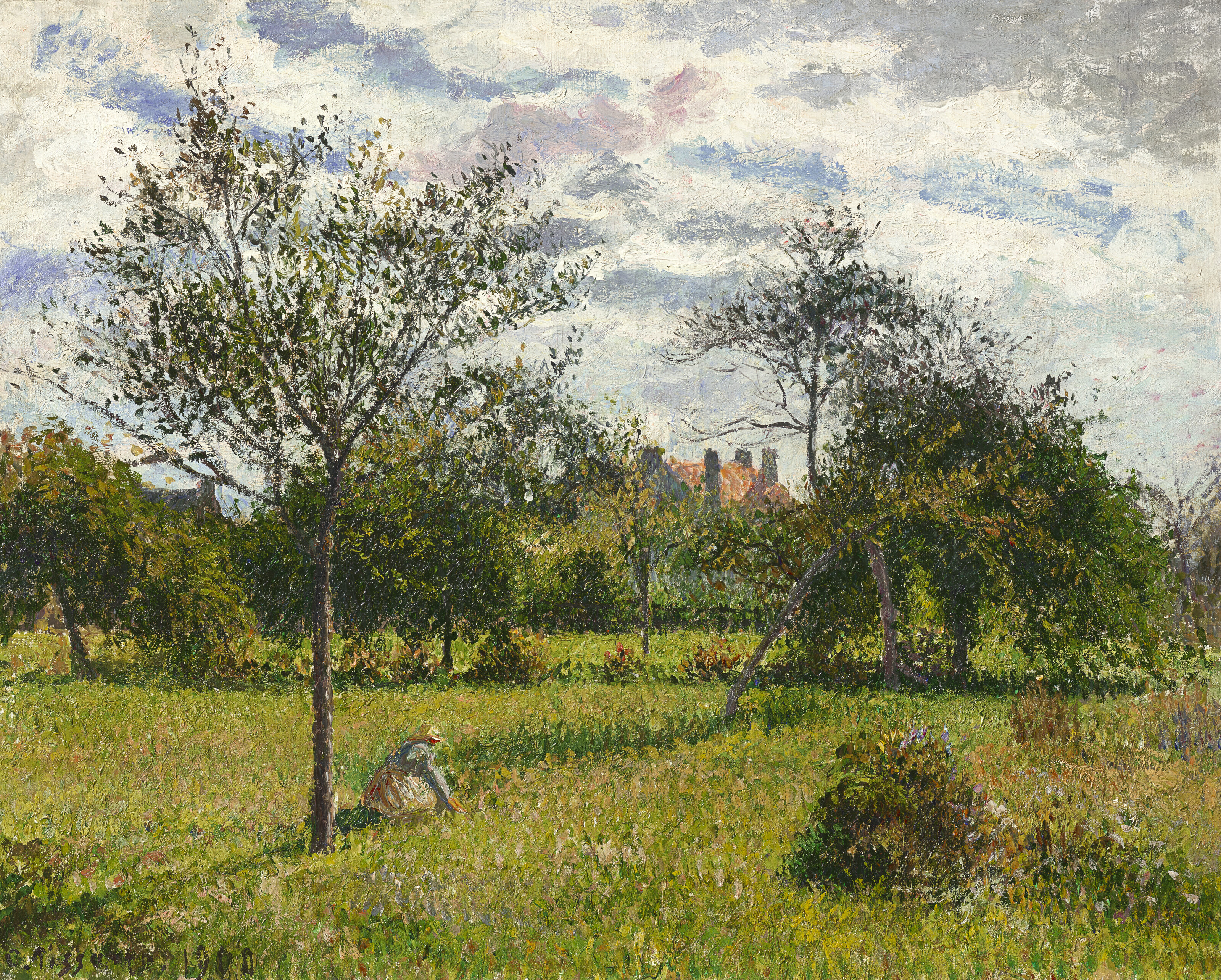 Camille Pissarro、Soleil couchant et brou Prairie avec vaches, brume, soleil couchant à Éragny
